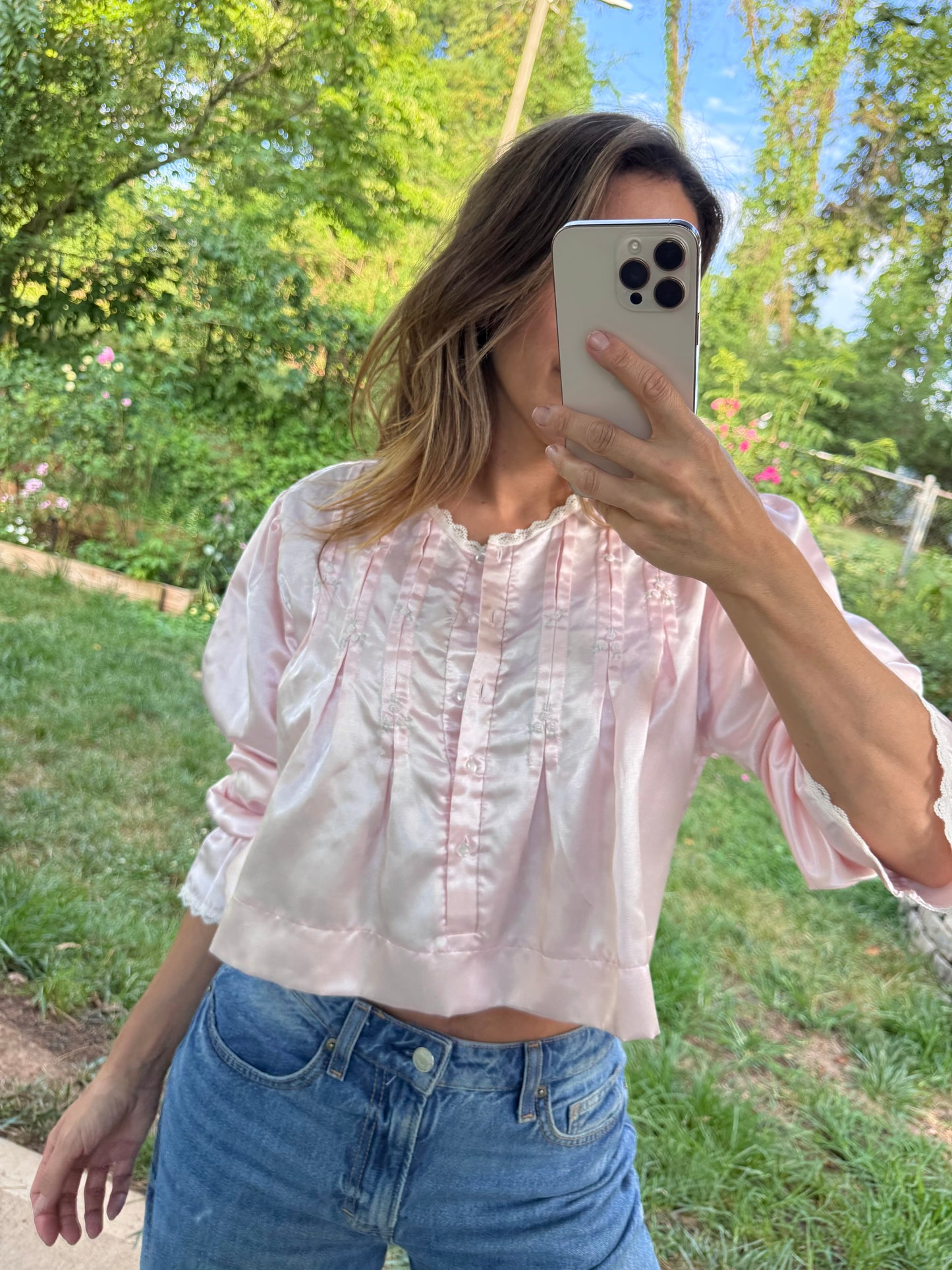 Vintage Reworked Satin Embroidered Crop Top
