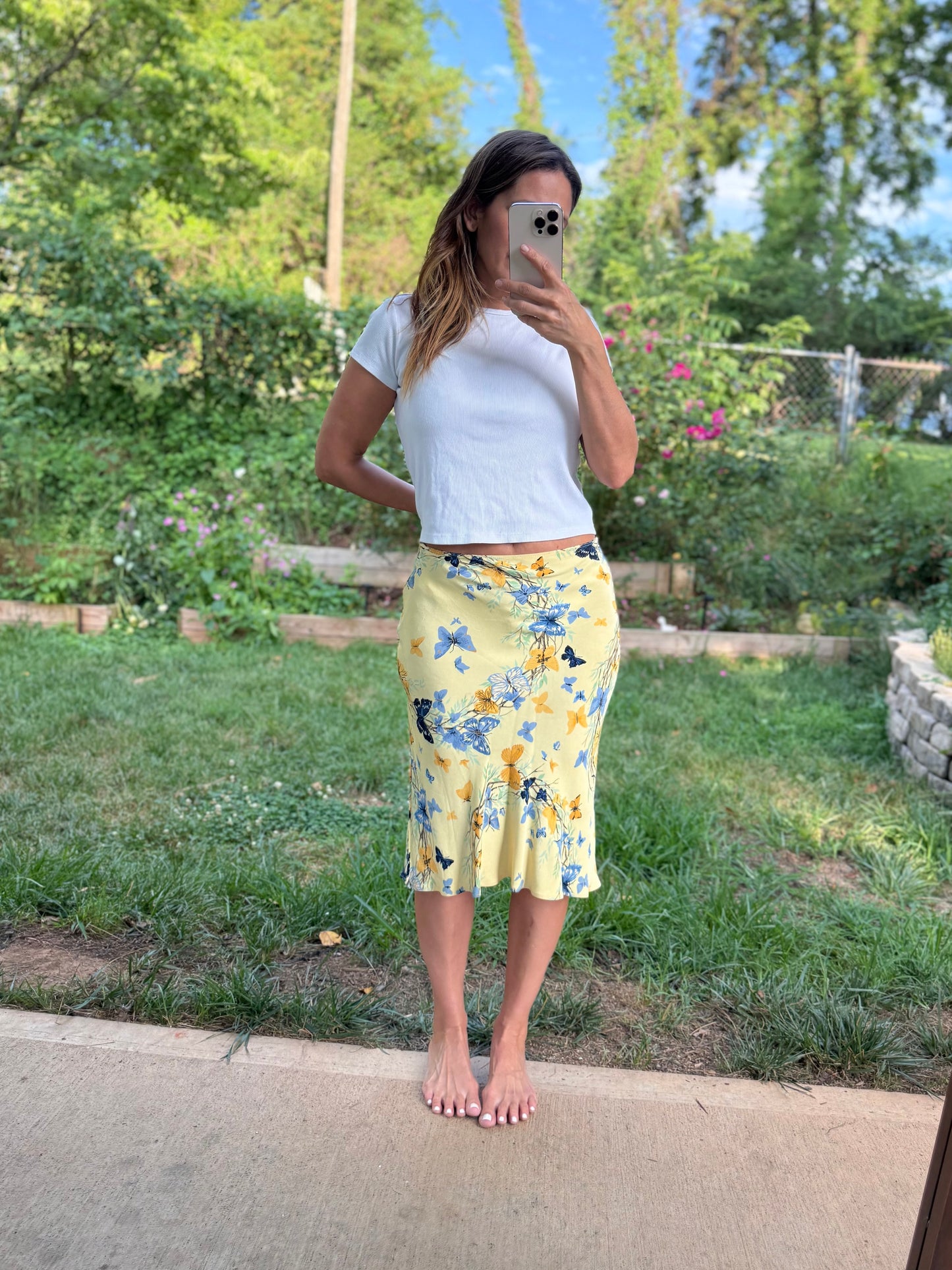 Butter Yellow Butterfly Bias Midi Skirt | Fairycore Romantic Slip Skirt