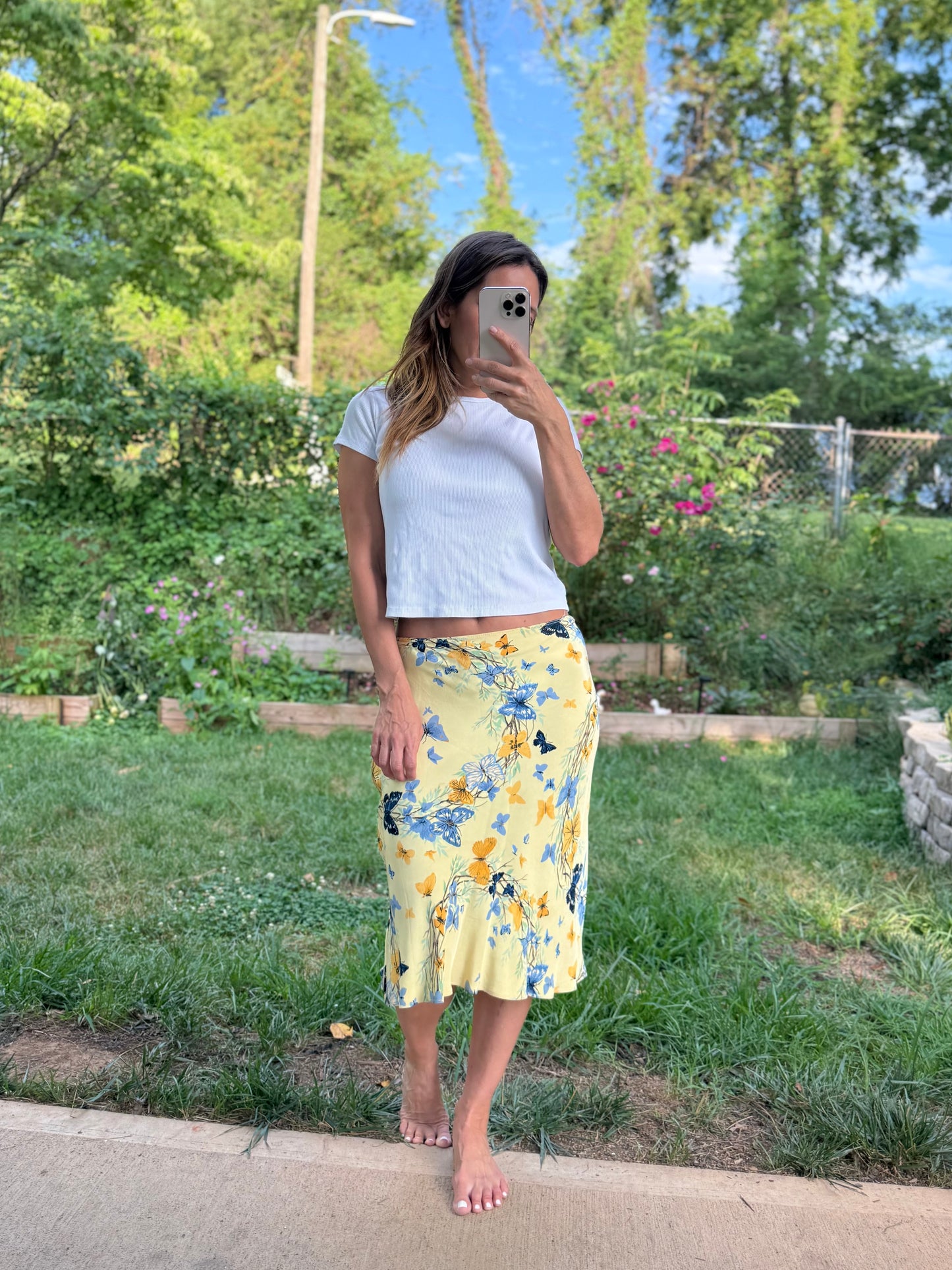 Butter Yellow Butterfly Bias Midi Skirt | Fairycore Romantic Slip Skirt