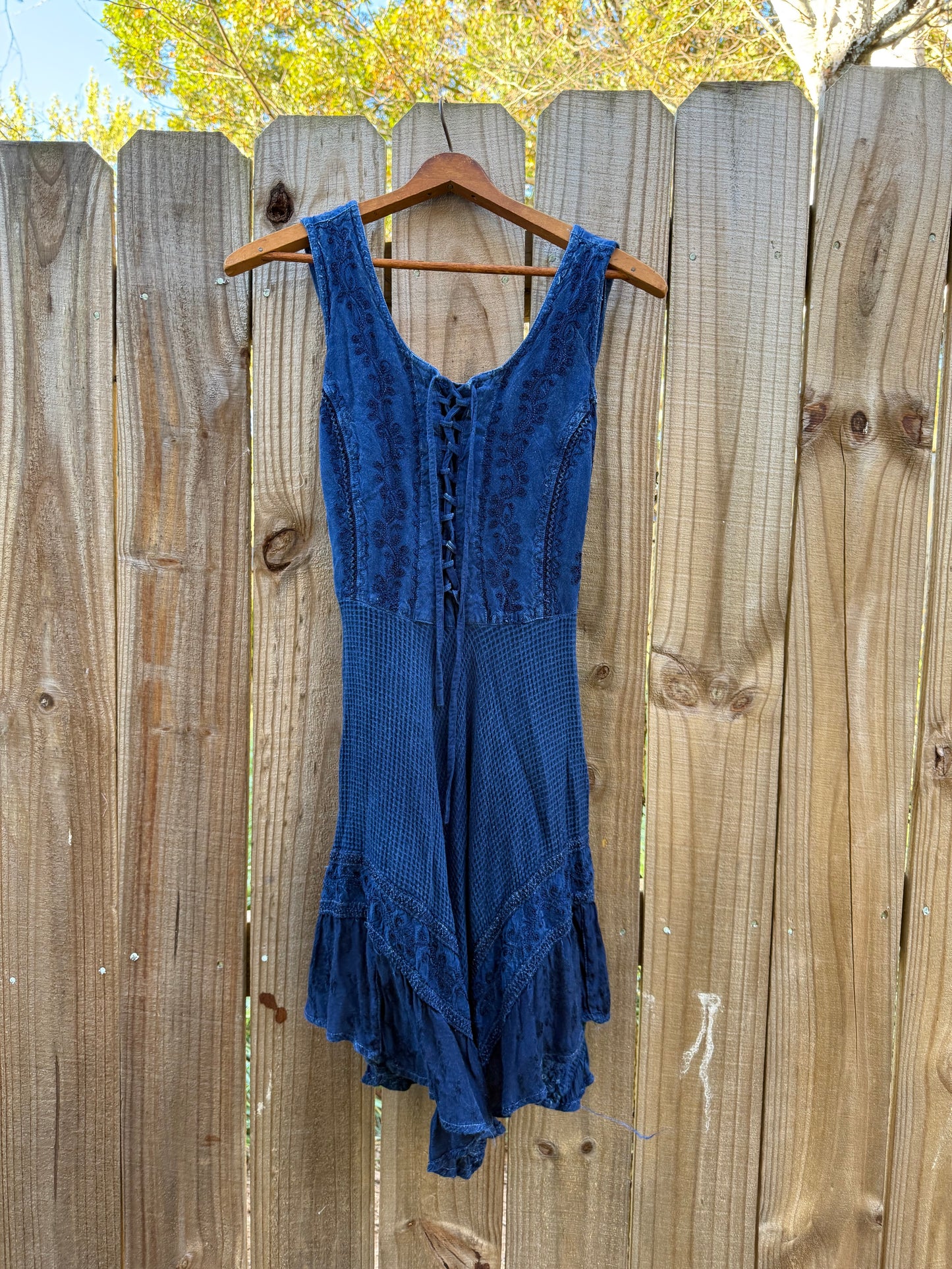 Deep Indigo Blue Boho Festival Embroidered Swing Dress Lace Up