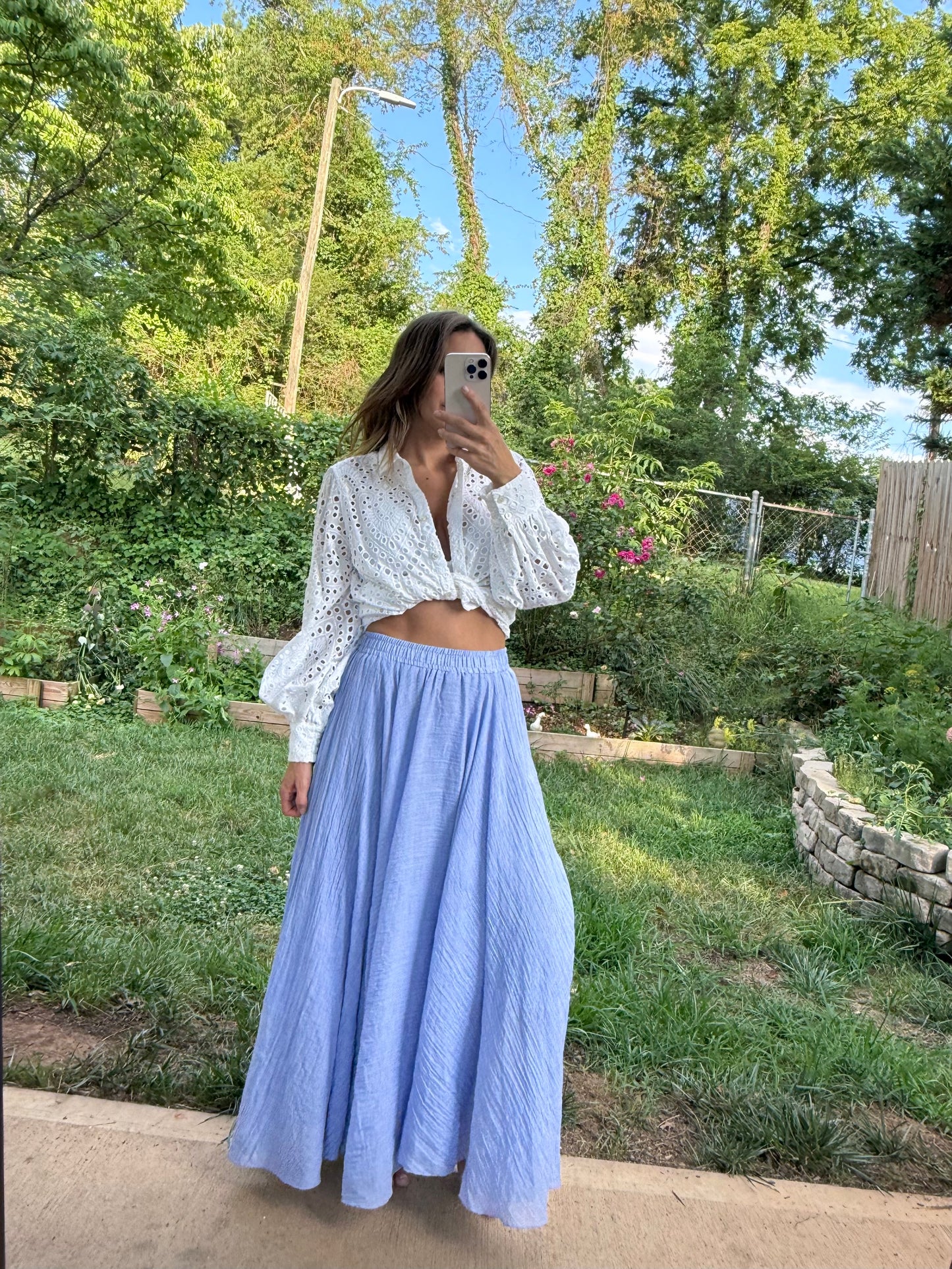Periwinkle Cotton Gauze Maxi Skirt | Coastal Boho Summer Maxi