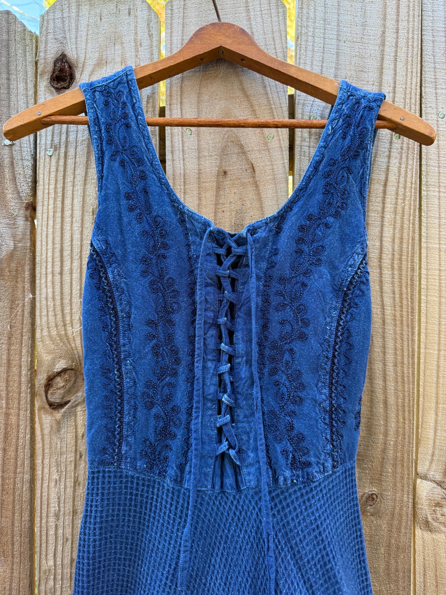 Deep Indigo Blue Boho Festival Embroidered Swing Dress Lace Up