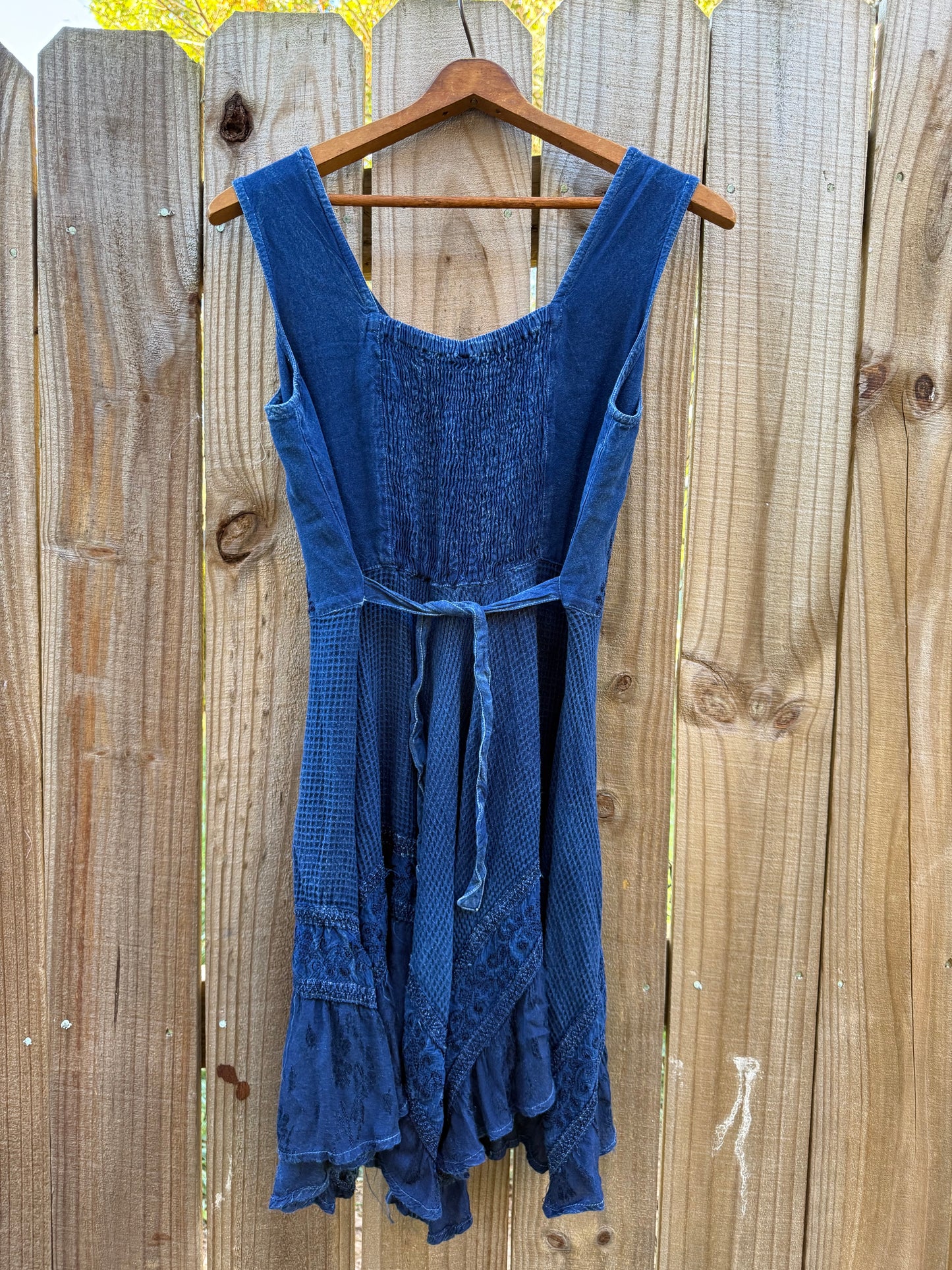 Deep Indigo Blue Boho Festival Embroidered Swing Dress Lace Up