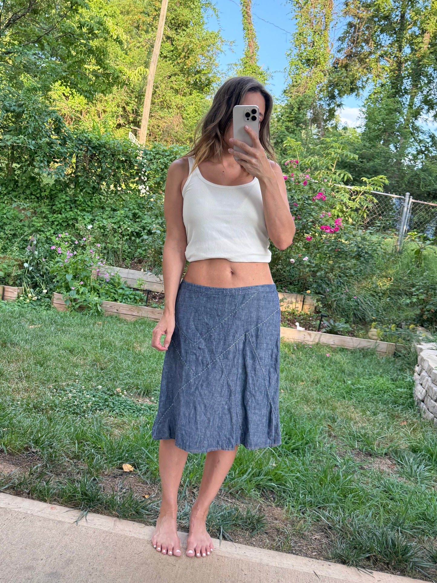 CAbi Soft Washed Chambray Panel Midi Skirt
