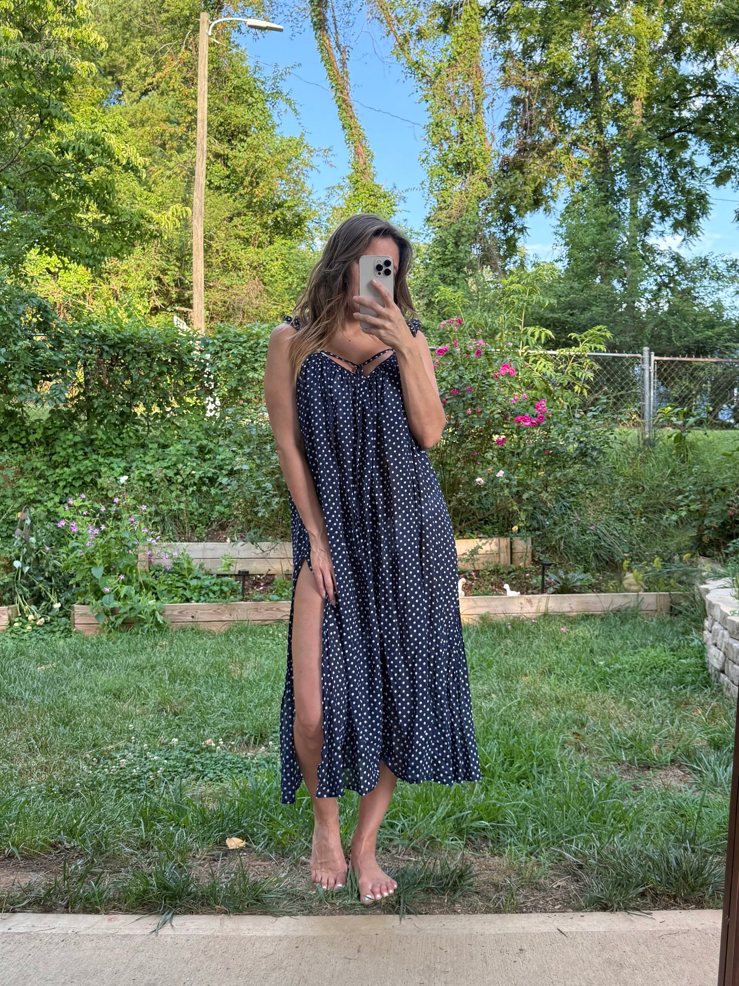 Navy Cotton Polka Dot Side Slit Cover-Up Dress