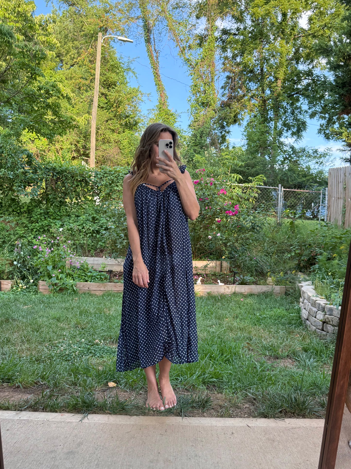 Navy Cotton Polka Dot Side Slit Cover-Up Dress