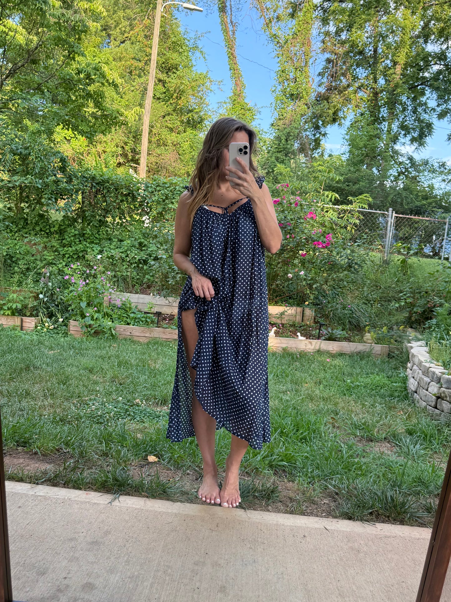 Navy Cotton Polka Dot Side Slit Cover-Up Dress