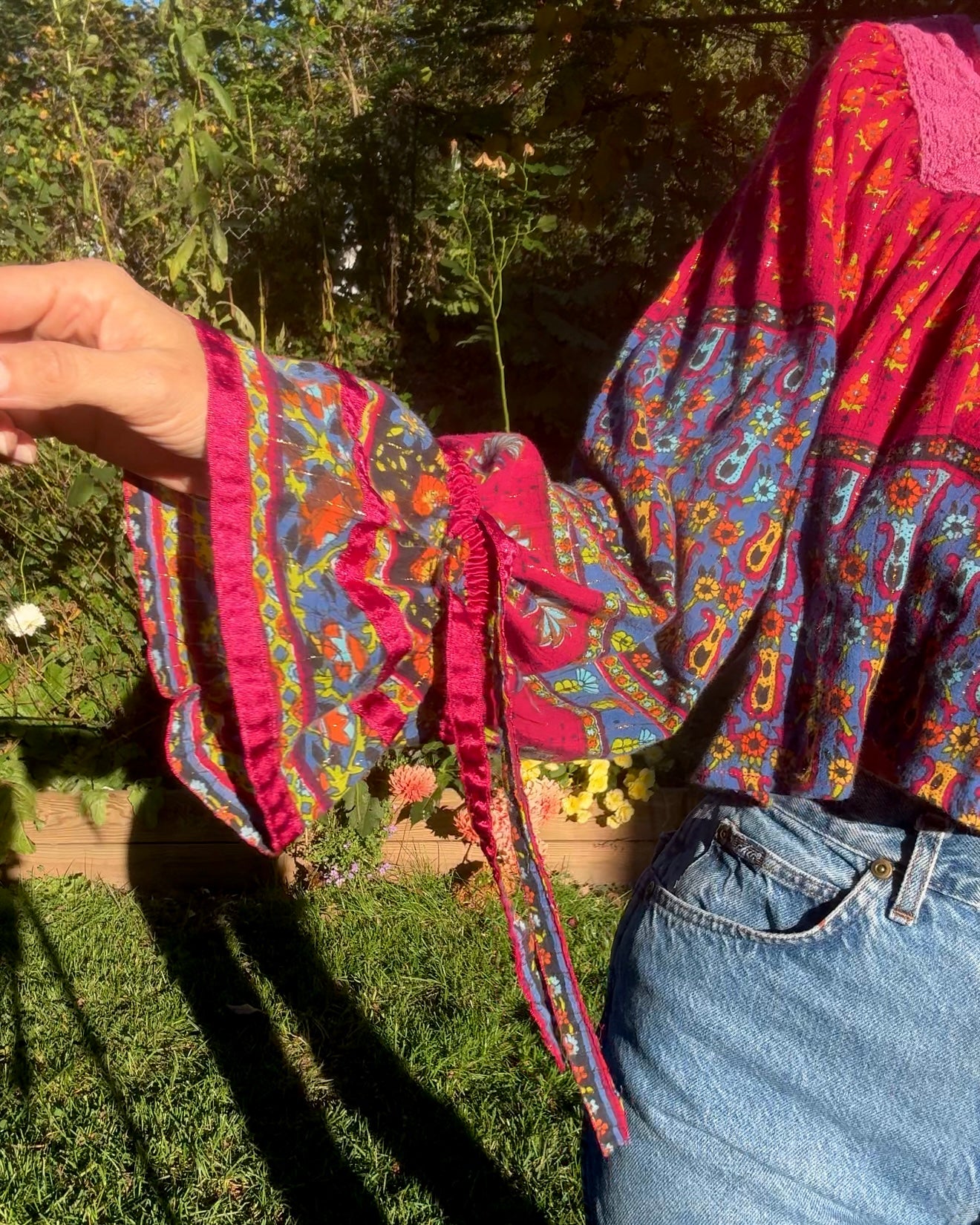 Boho patchwork bell-sleeve top — reworked - festival