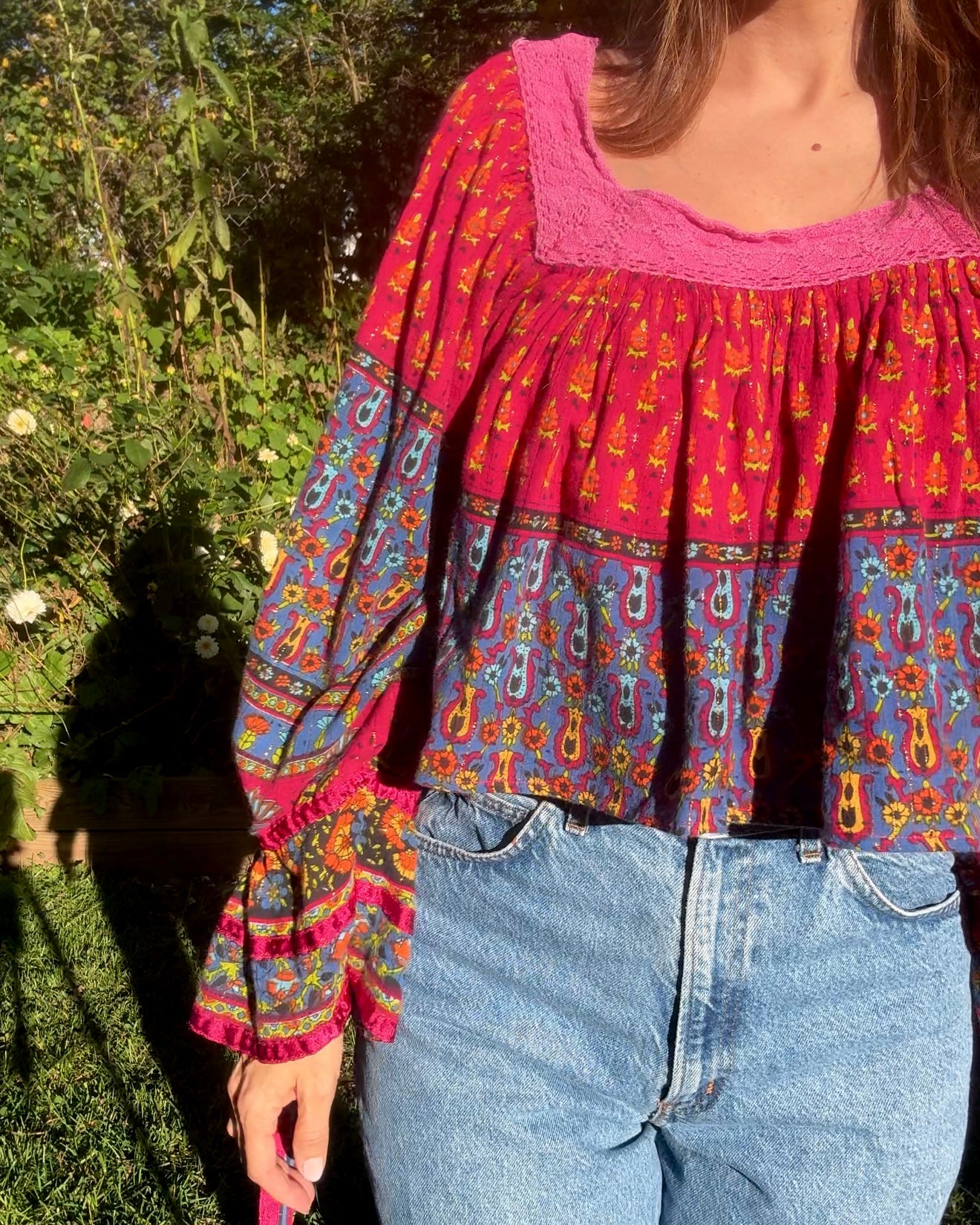 Boho patchwork bell-sleeve top — reworked - festival