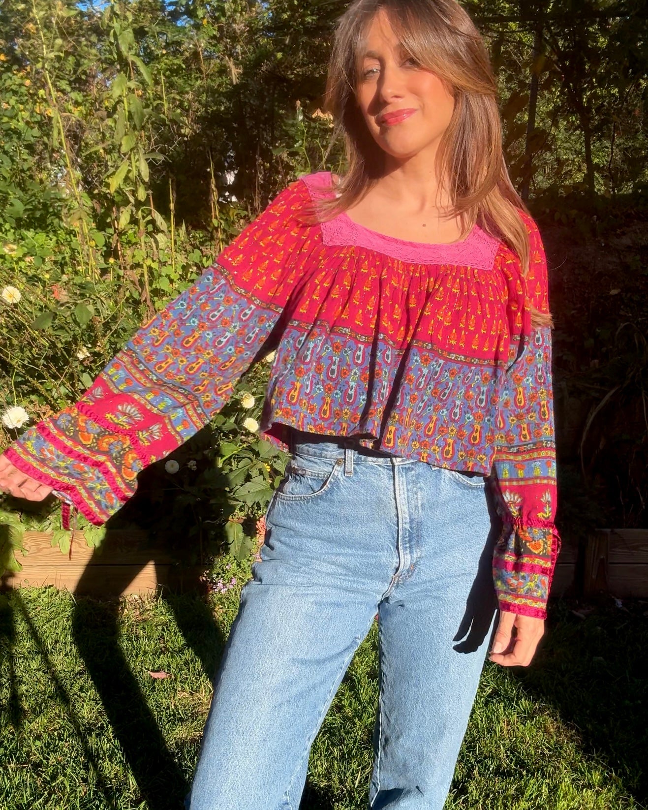 Boho patchwork bell-sleeve top — reworked - festival