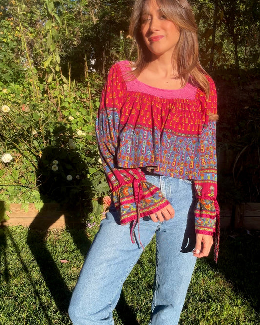 Boho patchwork bell-sleeve top — reworked - festival