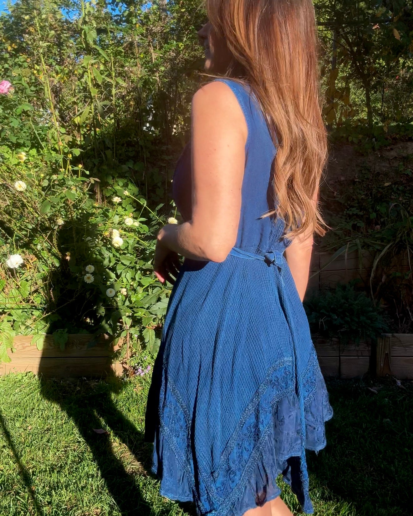 Deep Indigo Blue Boho Festival Embroidered Swing Dress Lace Up