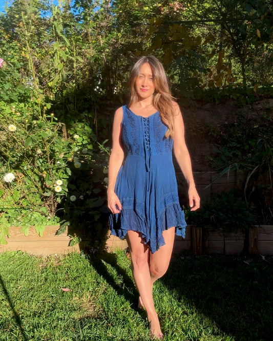 Deep Indigo Blue Boho Festival Embroidered Swing Dress Lace Up