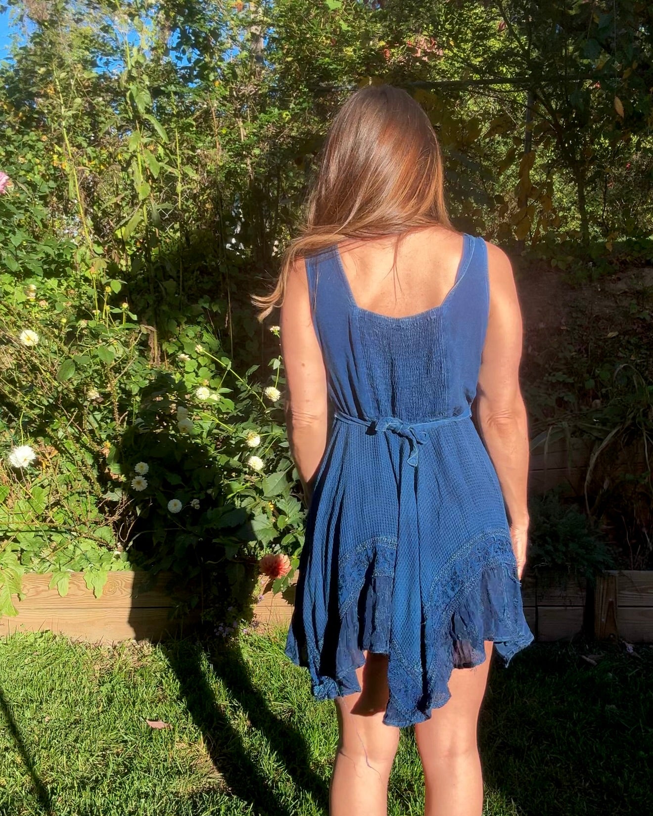 Deep Indigo Blue Boho Festival Embroidered Swing Dress Lace Up