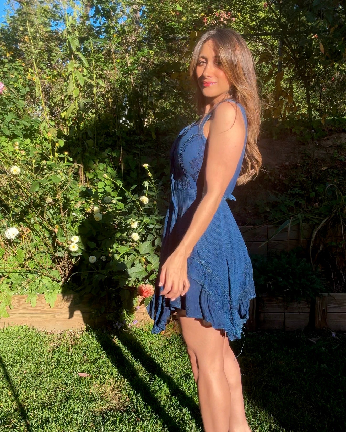 Deep Indigo Blue Boho Festival Embroidered Swing Dress Lace Up