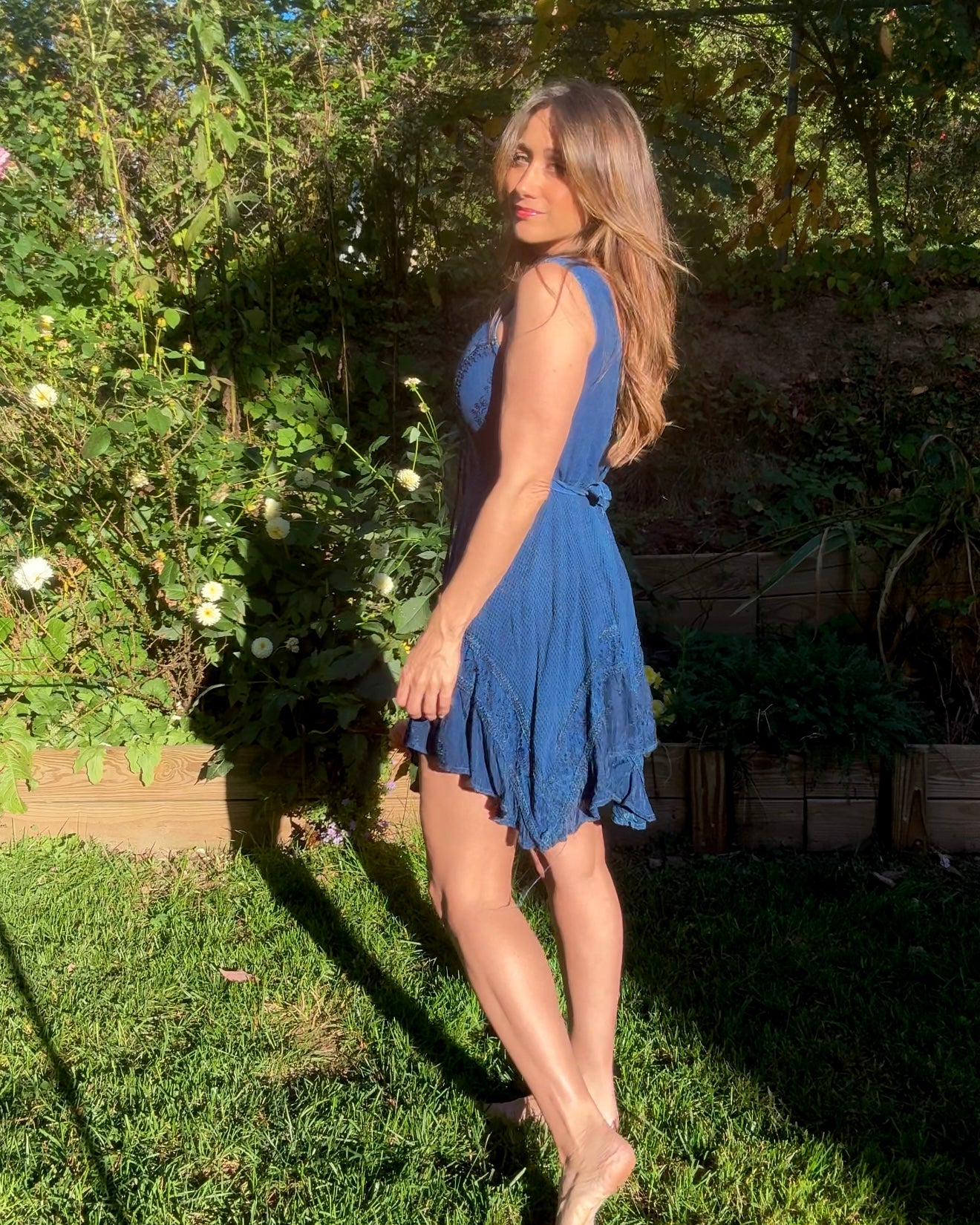 Deep Indigo Blue Boho Festival Embroidered Swing Dress Lace Up