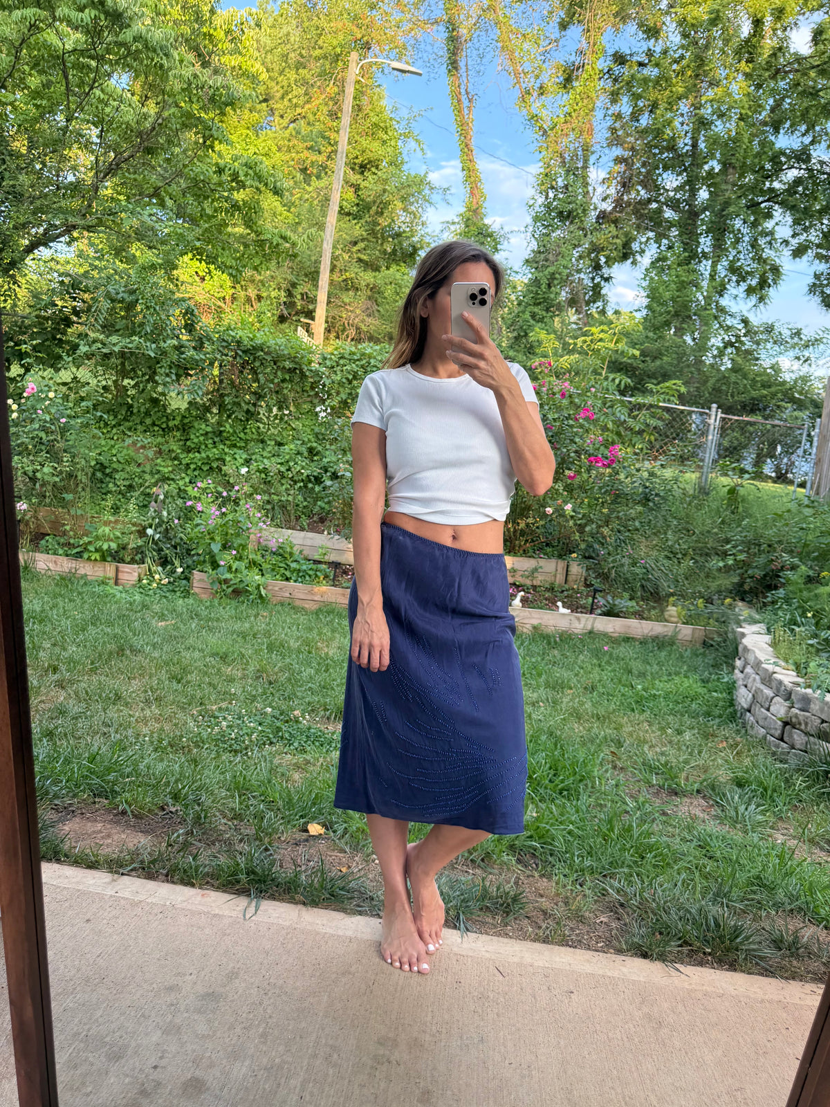 Navy Silk Beaded Bias Midi Skirt
