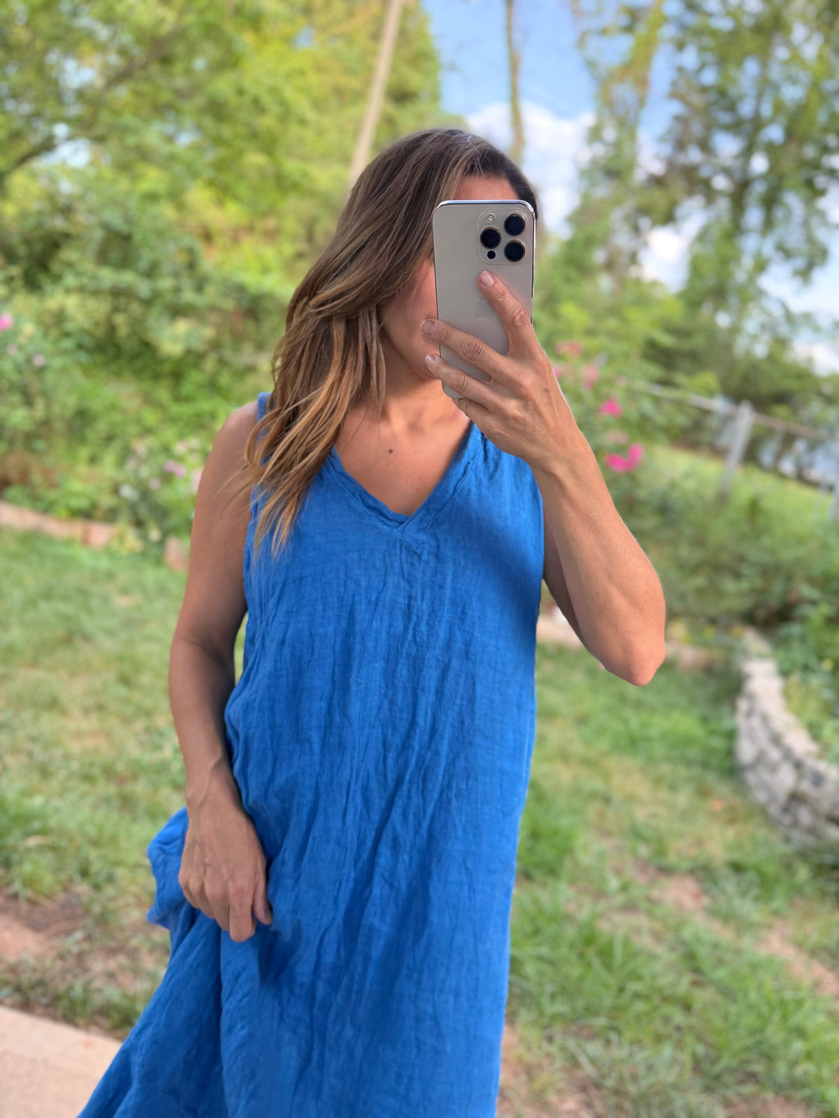 Italian Linen Shift Dress in Mediterranean Blue