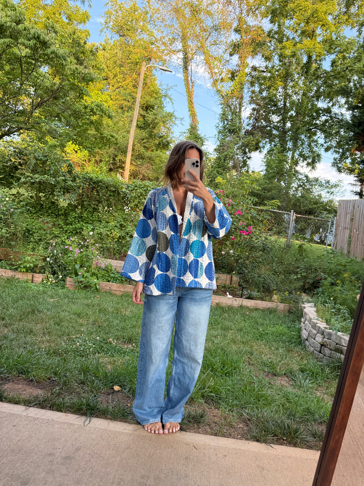 Vintage Kantha Jacket Blue Circle Print Quilted Cotton Kimono L
