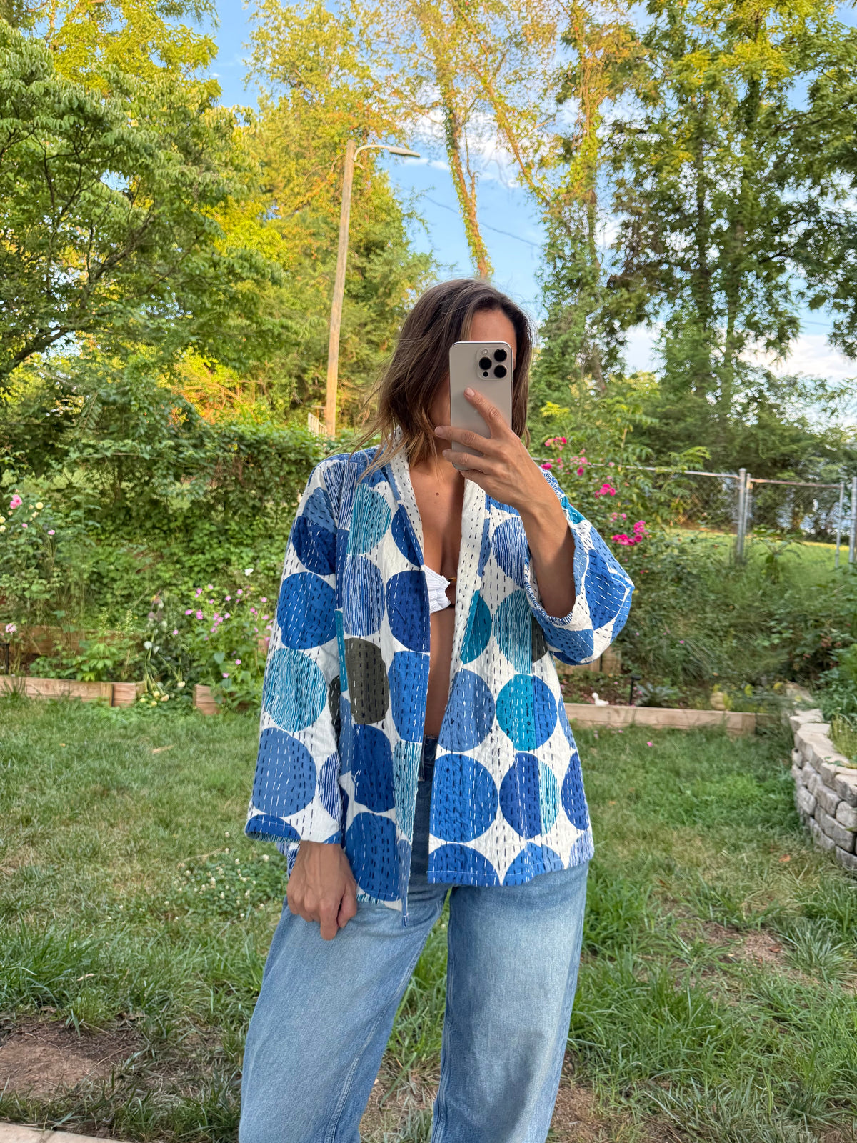 Vintage Kantha Jacket Blue Circle Print Quilted Cotton Kimono L