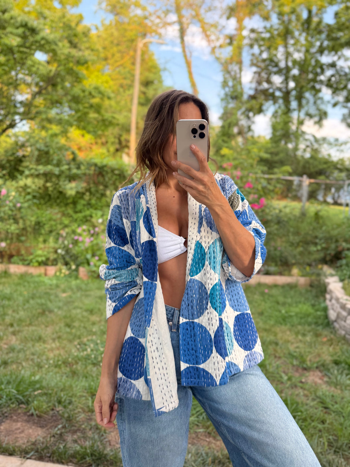 Vintage Kantha Jacket Blue Circle Print Quilted Cotton Kimono L