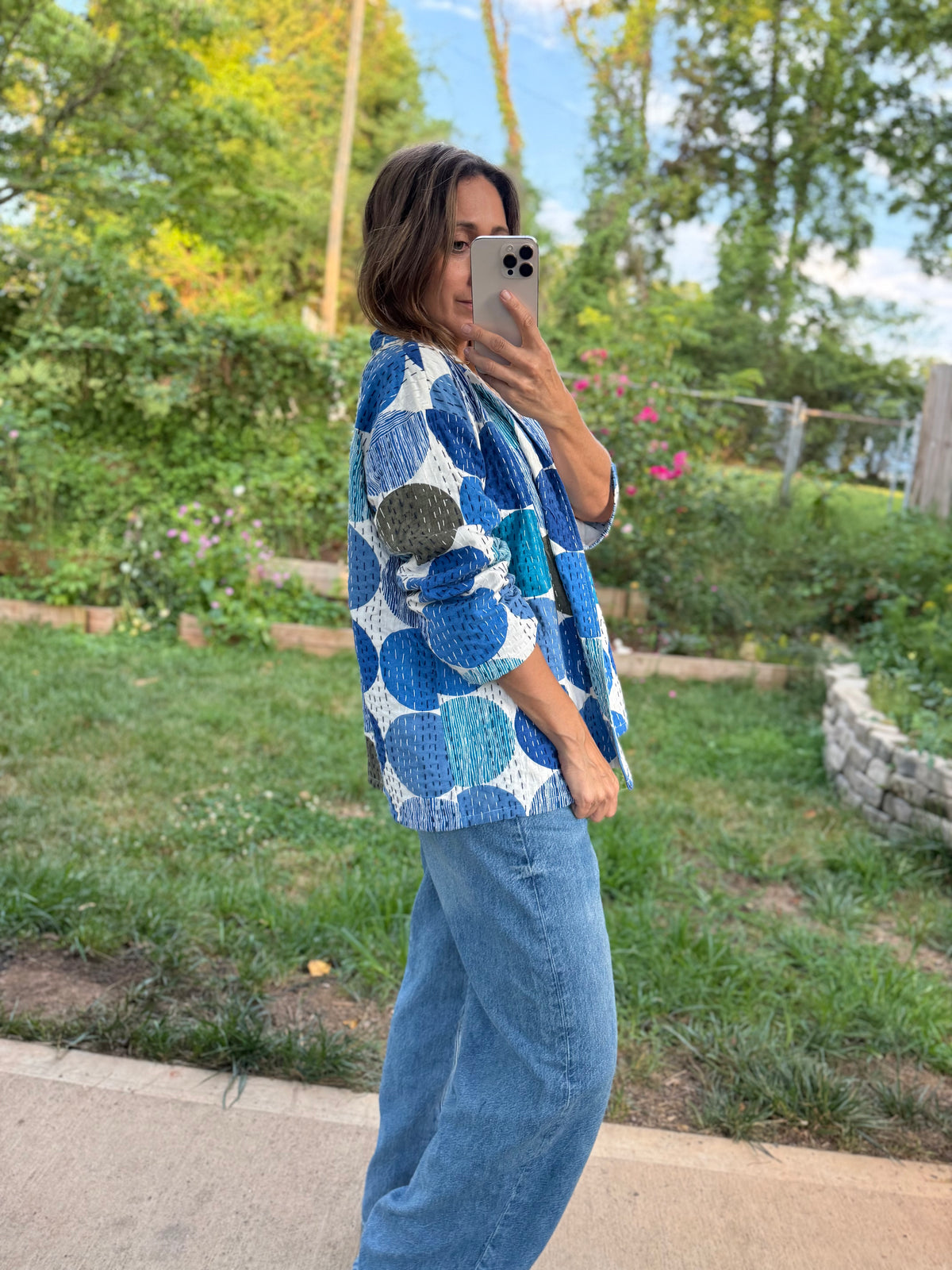 Vintage Kantha Jacket Blue Circle Print Quilted Cotton Kimono L