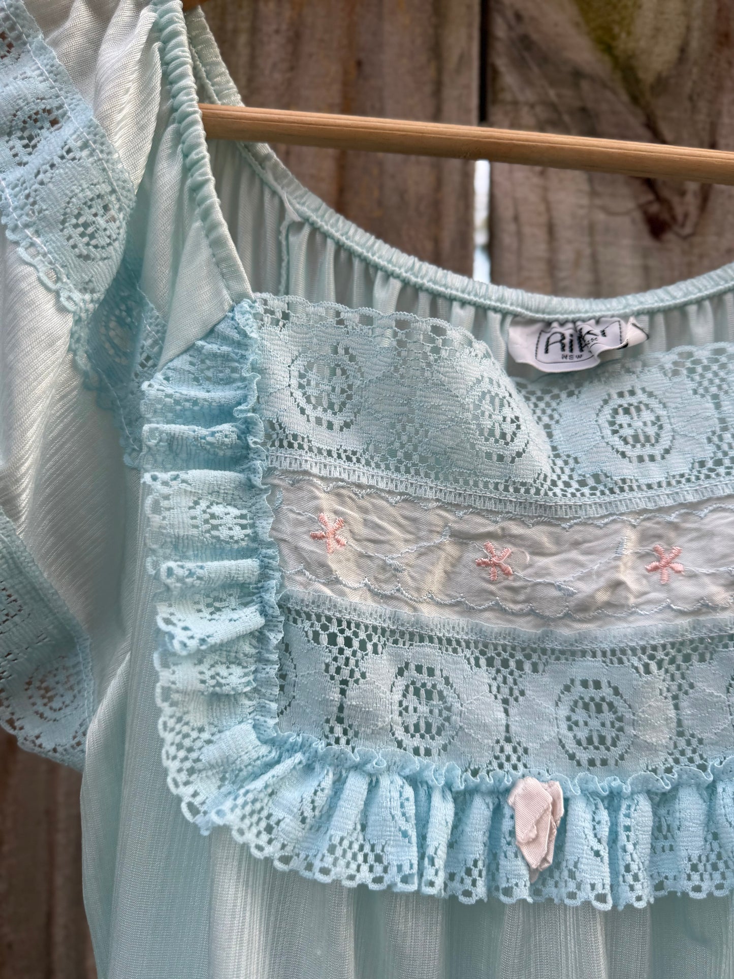Vintage Aqua Lace Embroidered Nightgown Coquette