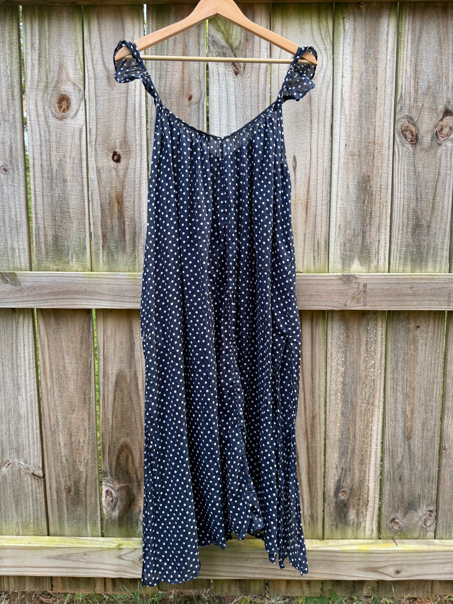 Navy Cotton Polka Dot Side Slit Cover-Up Dress