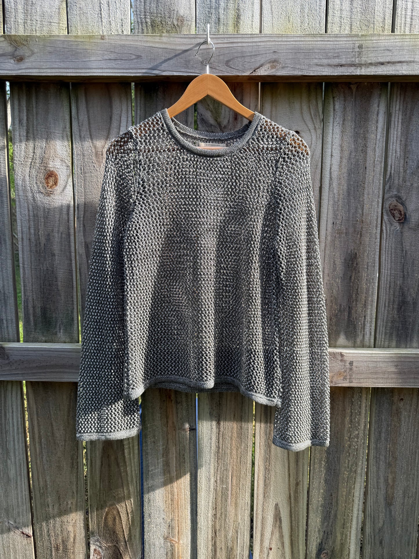 Anthropologie Metallic Open Knit Sweater Gray Size M