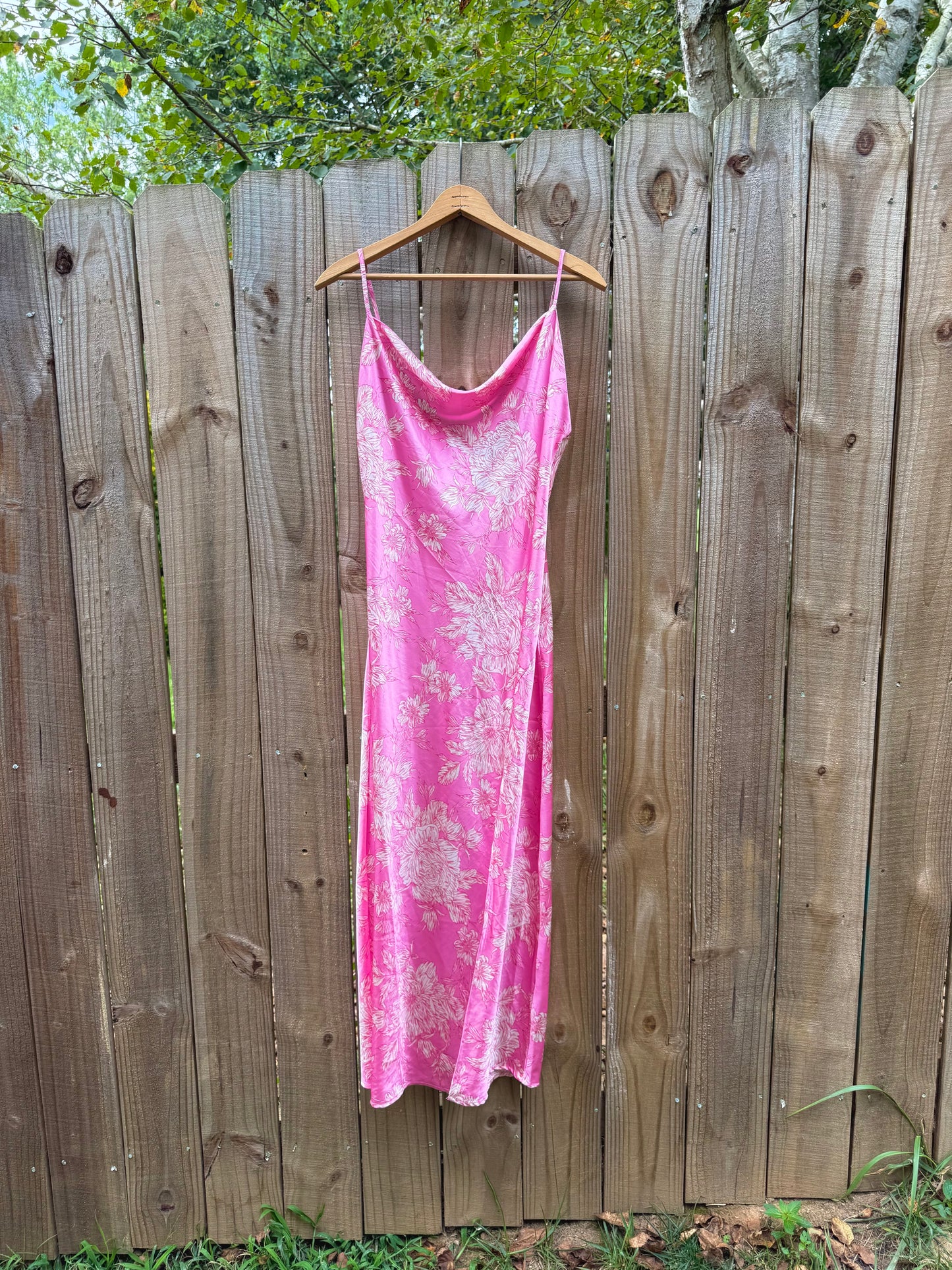 Pink Floral Slip Dress with Side Slit – Satin Look