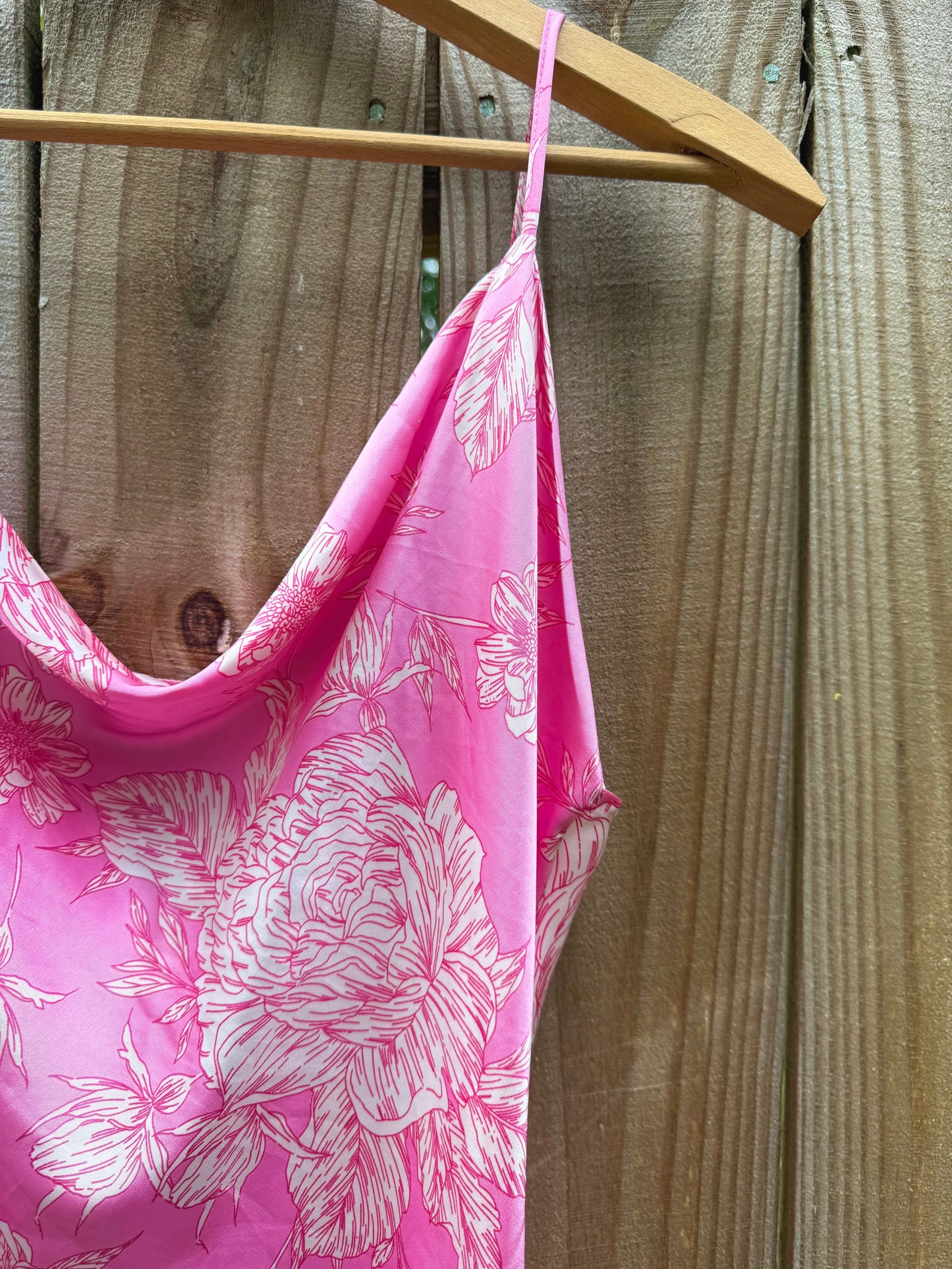 Pink Floral Slip Dress with Side Slit – Satin Look