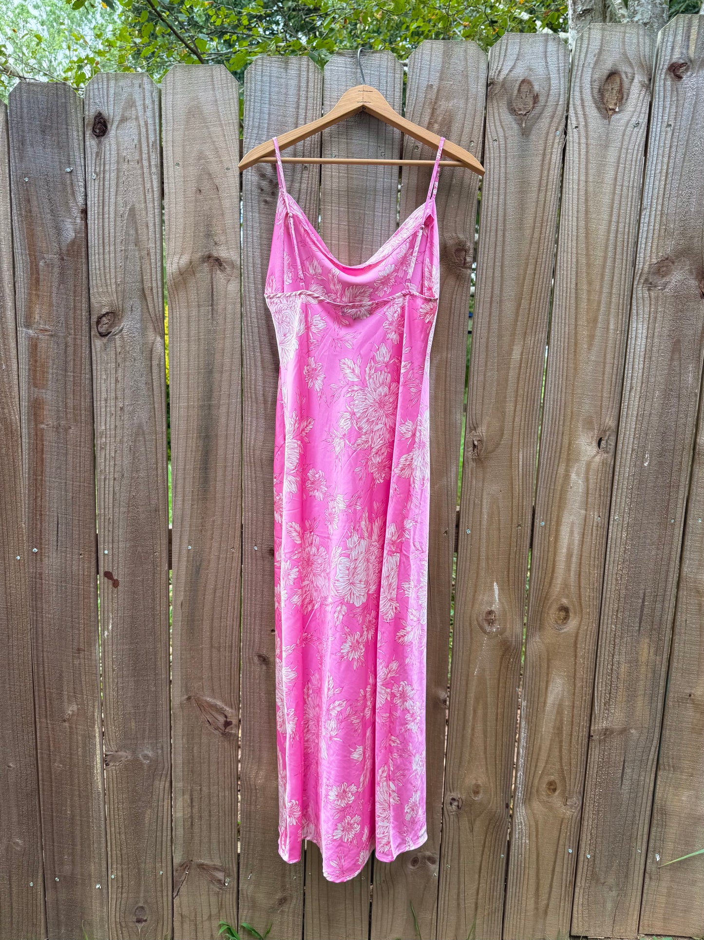 Pink Floral Slip Dress with Side Slit – Satin Look