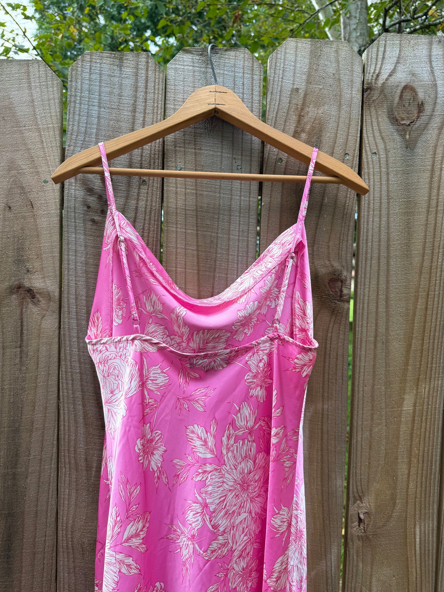 Pink Floral Slip Dress with Side Slit – Satin Look