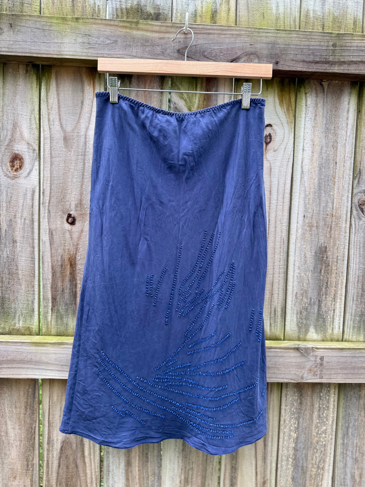 Navy Silk Beaded Bias Midi Skirt