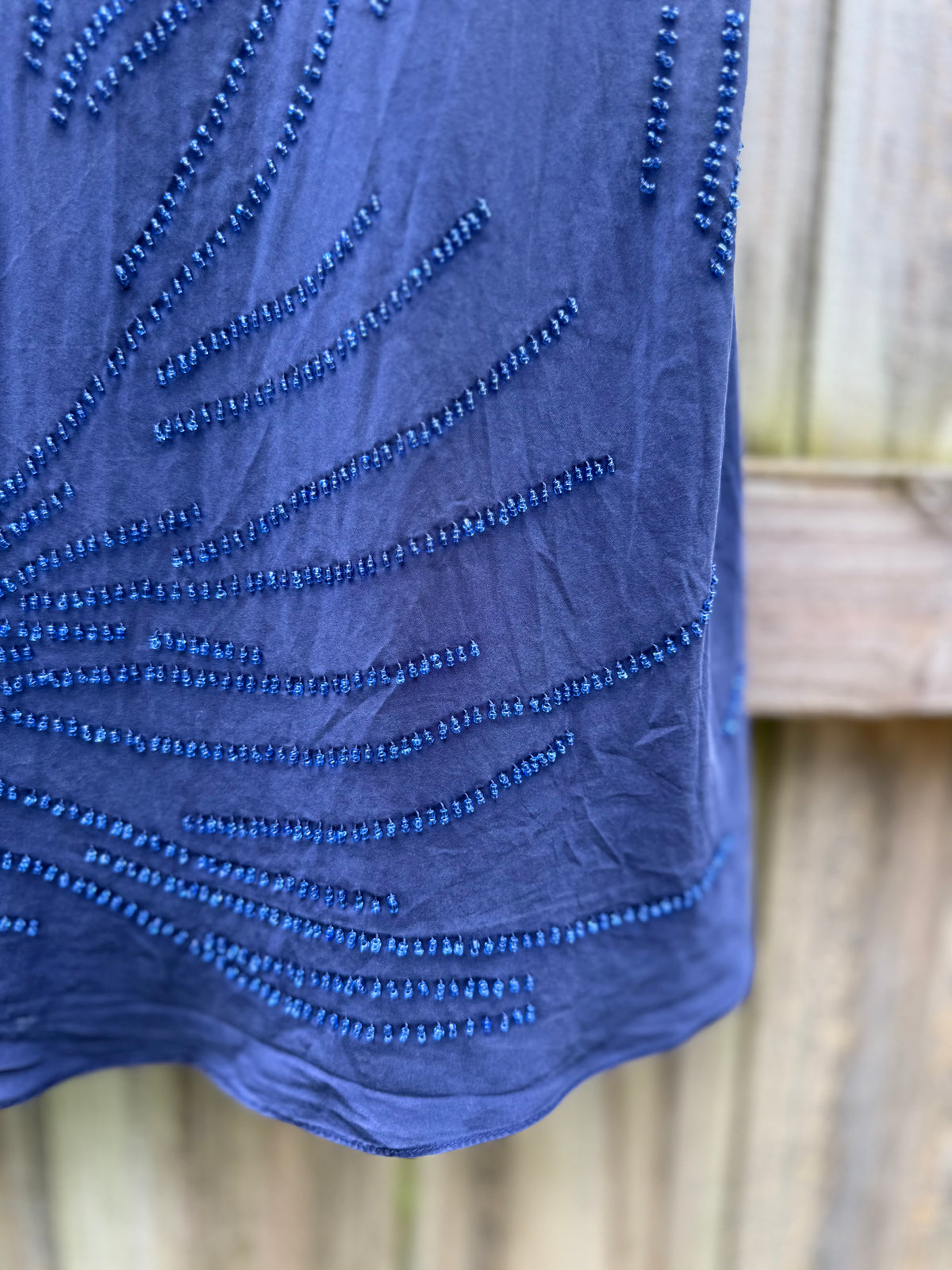 Navy Silk Beaded Bias Midi Skirt