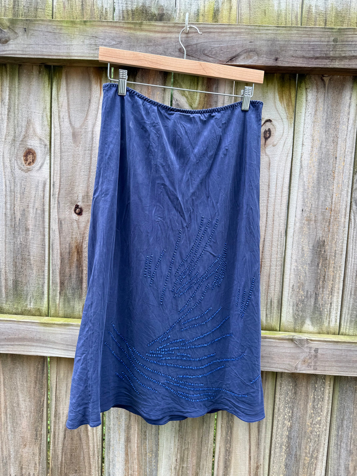 Navy Silk Beaded Bias Midi Skirt