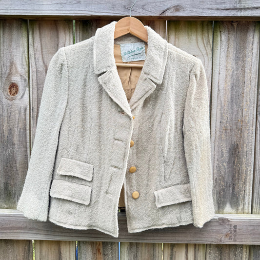 Vintage Oatmeal Bouclé Wool Jacket Textured Tailored Button Front Small