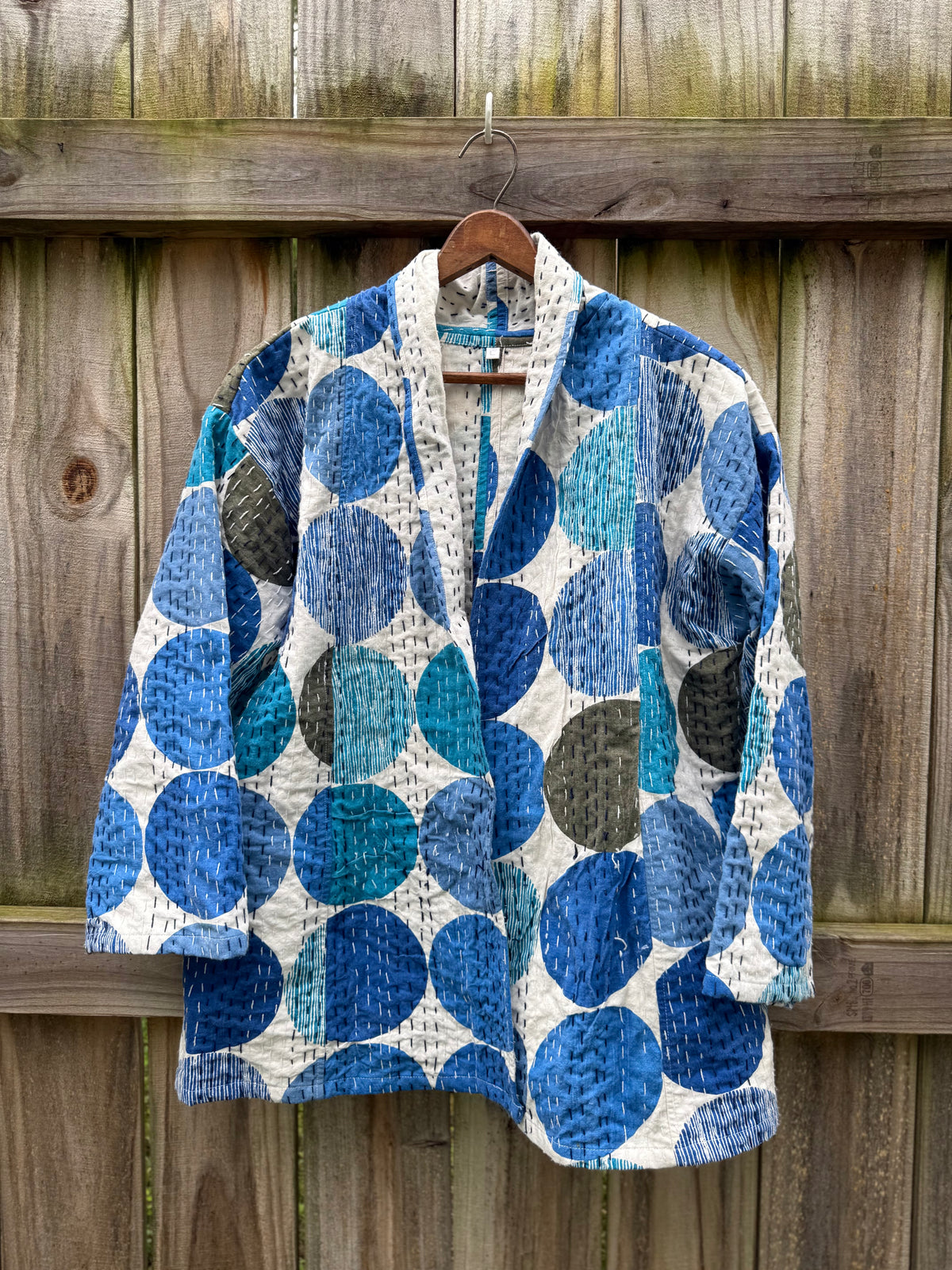 Vintage Kantha Jacket Blue Circle Print Quilted Cotton Kimono L