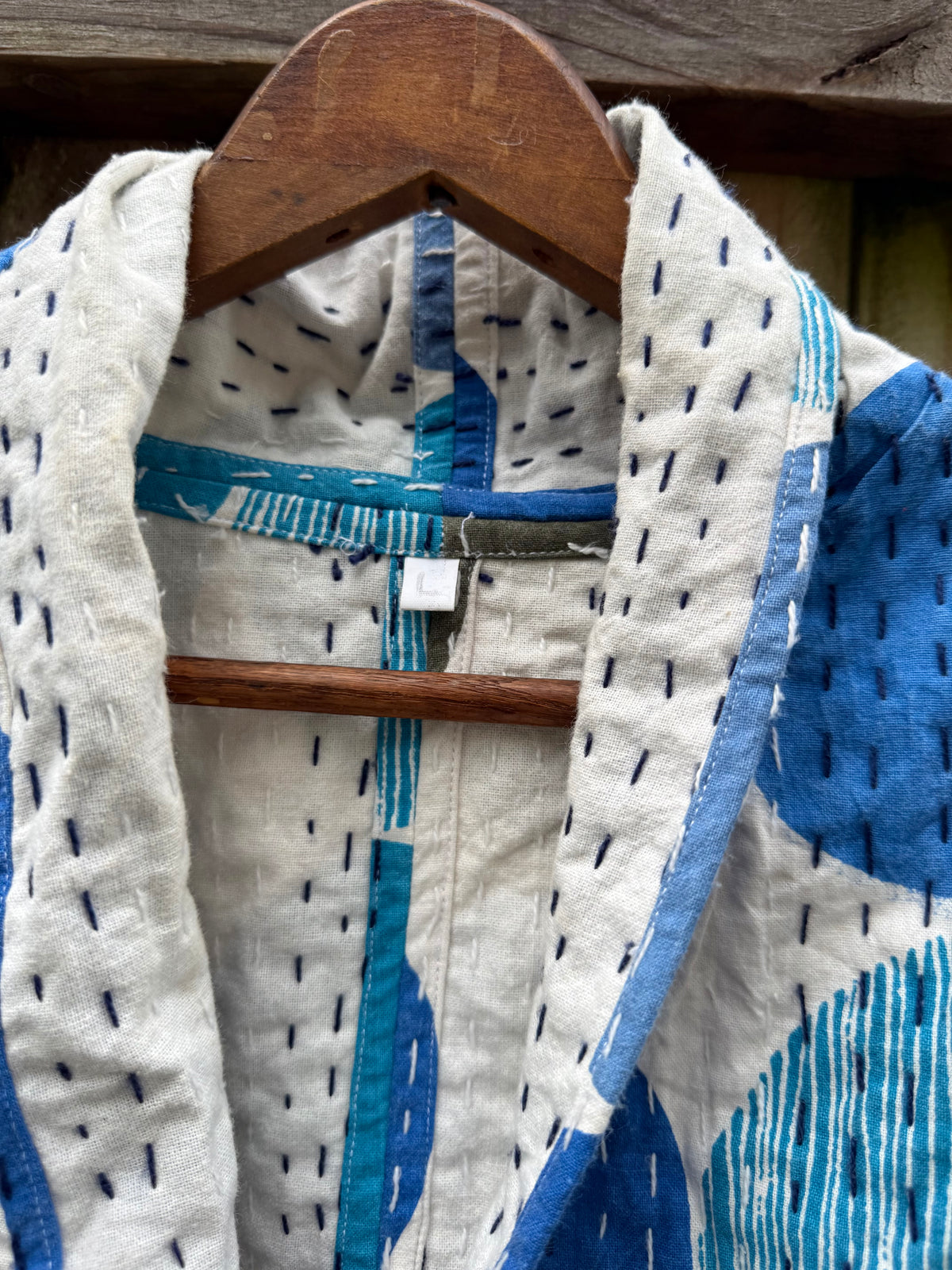 Vintage Kantha Jacket Blue Circle Print Quilted Cotton Kimono L