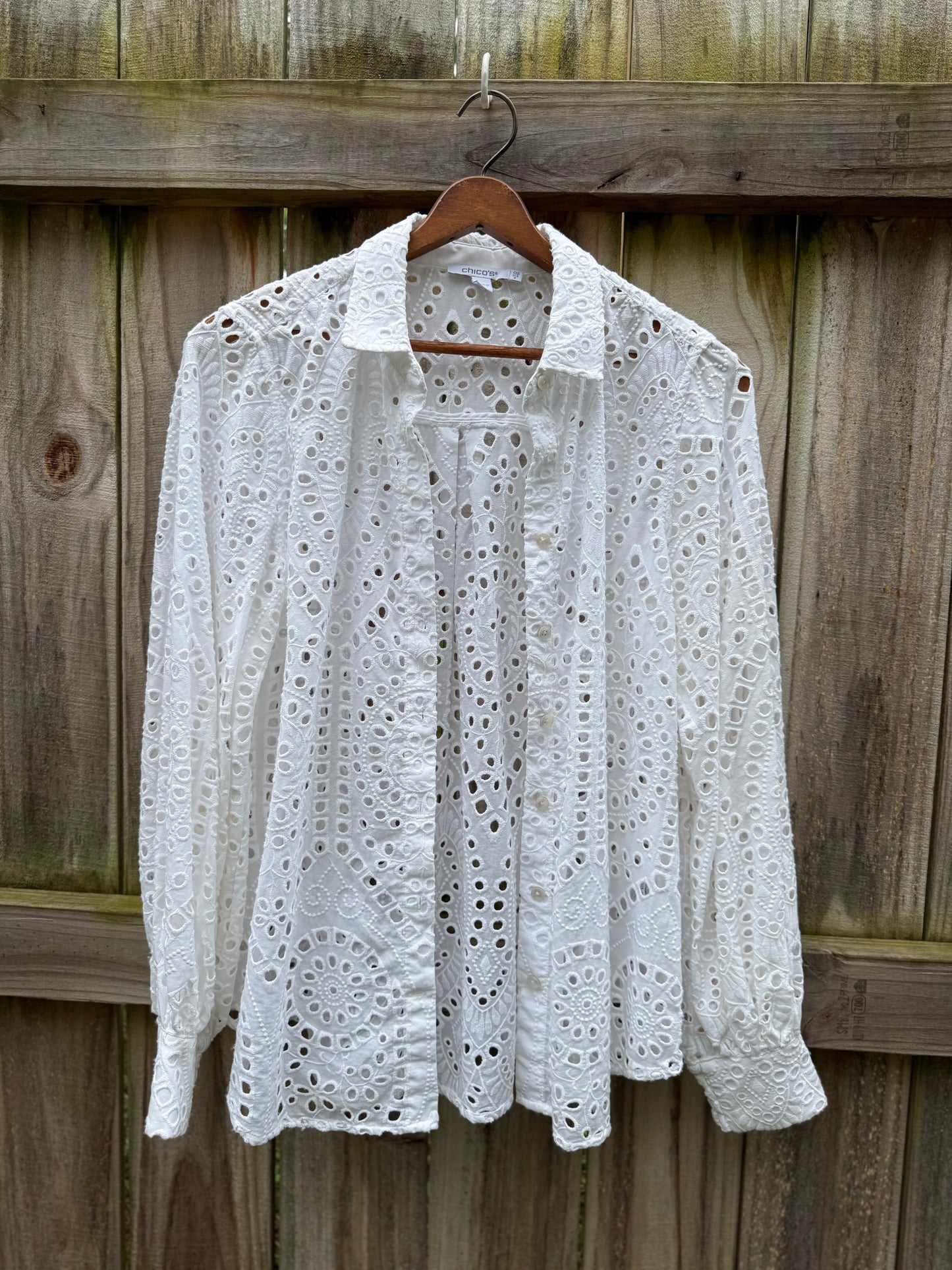 Chico's White Eyelet Cotton Blouse | Resort Coastal