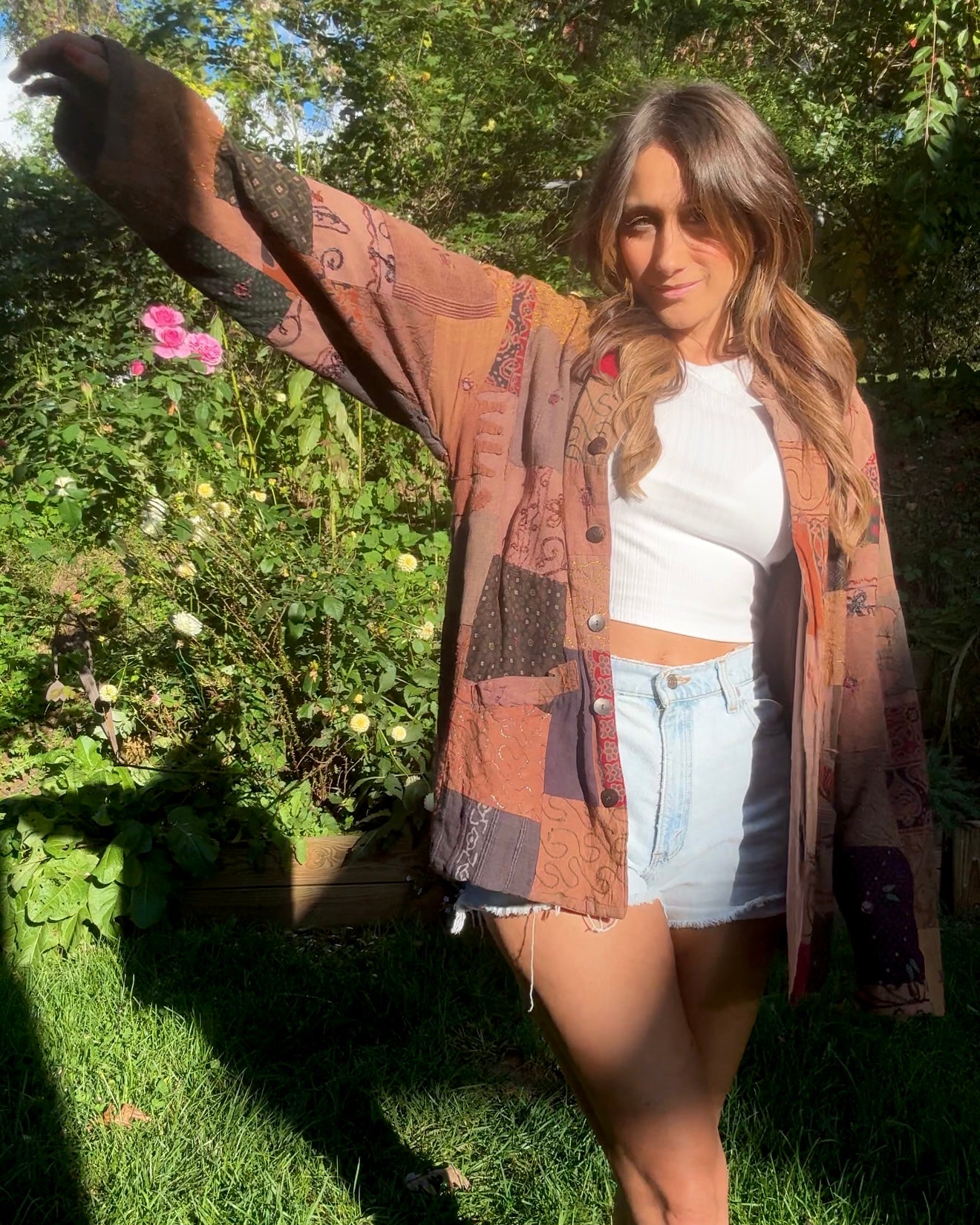 Vintage Patchwork Button-Down Jacket - Earth Tones - Made in India - Bohemian