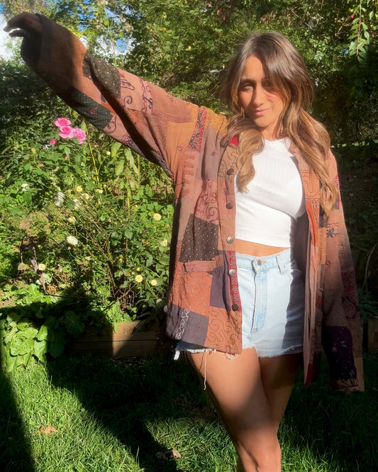 Vintage Patchwork Button-Down Jacket - Earth Tones - Made in India - Bohemian