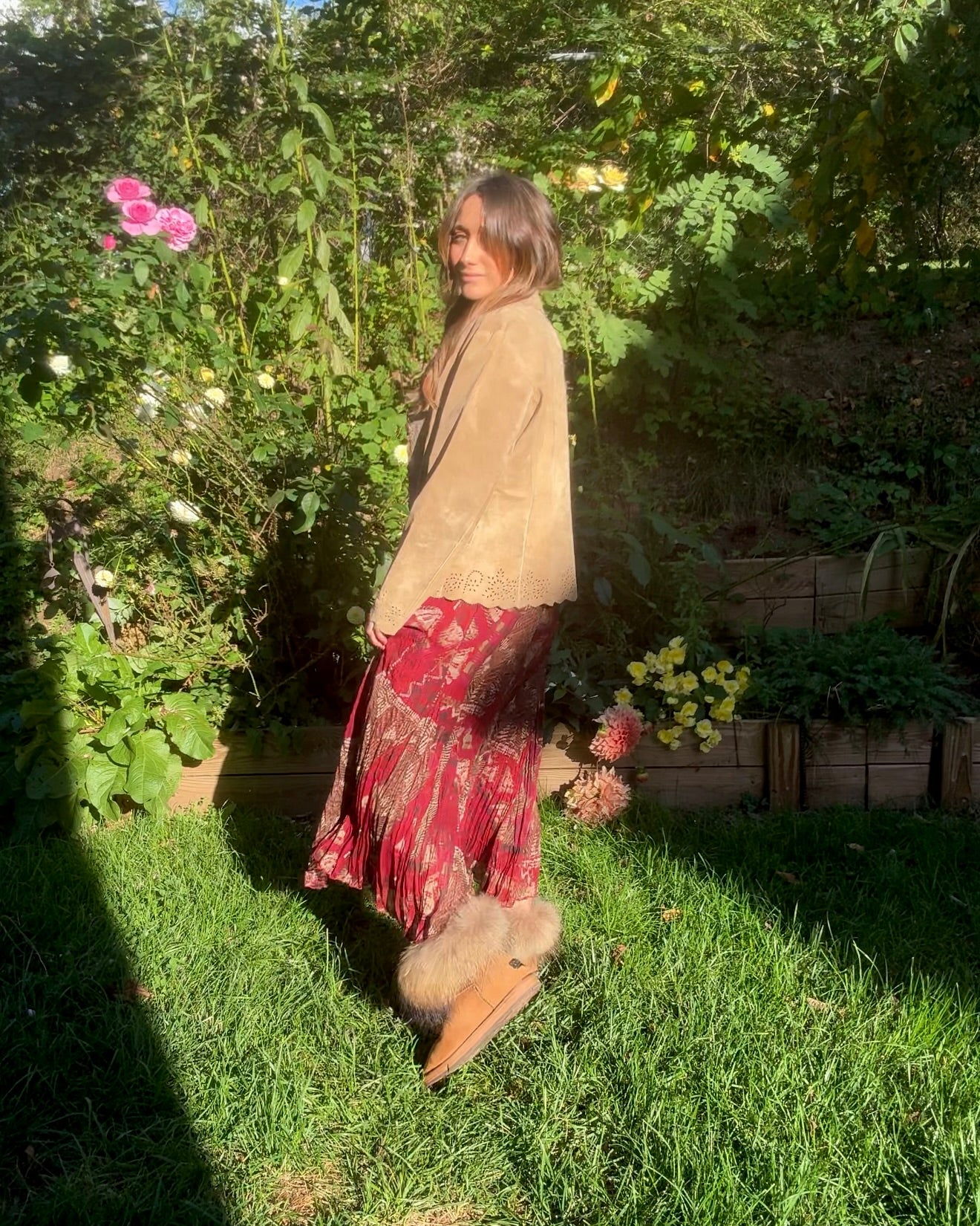 Bohemian Sunset Pleated Maxi Skirt Red