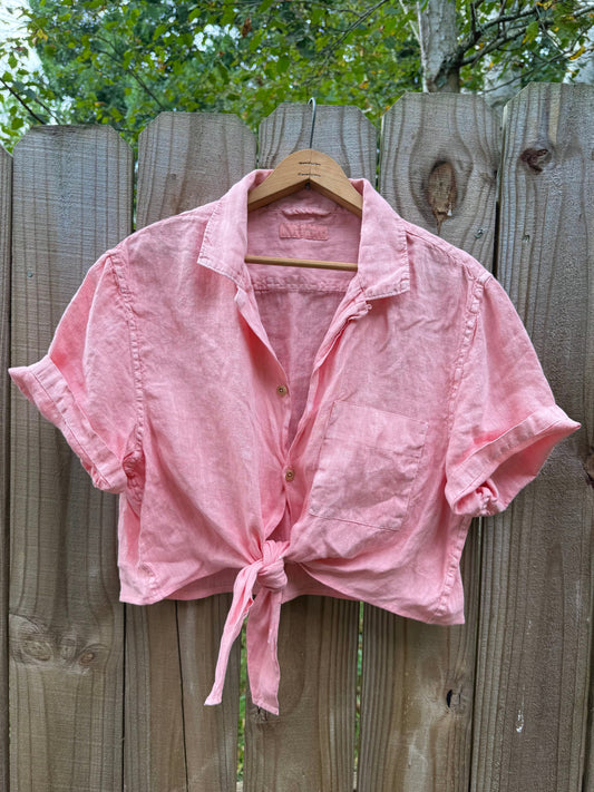 Linen Tie-Front Shirt in Summer Coral — Sunday Honey