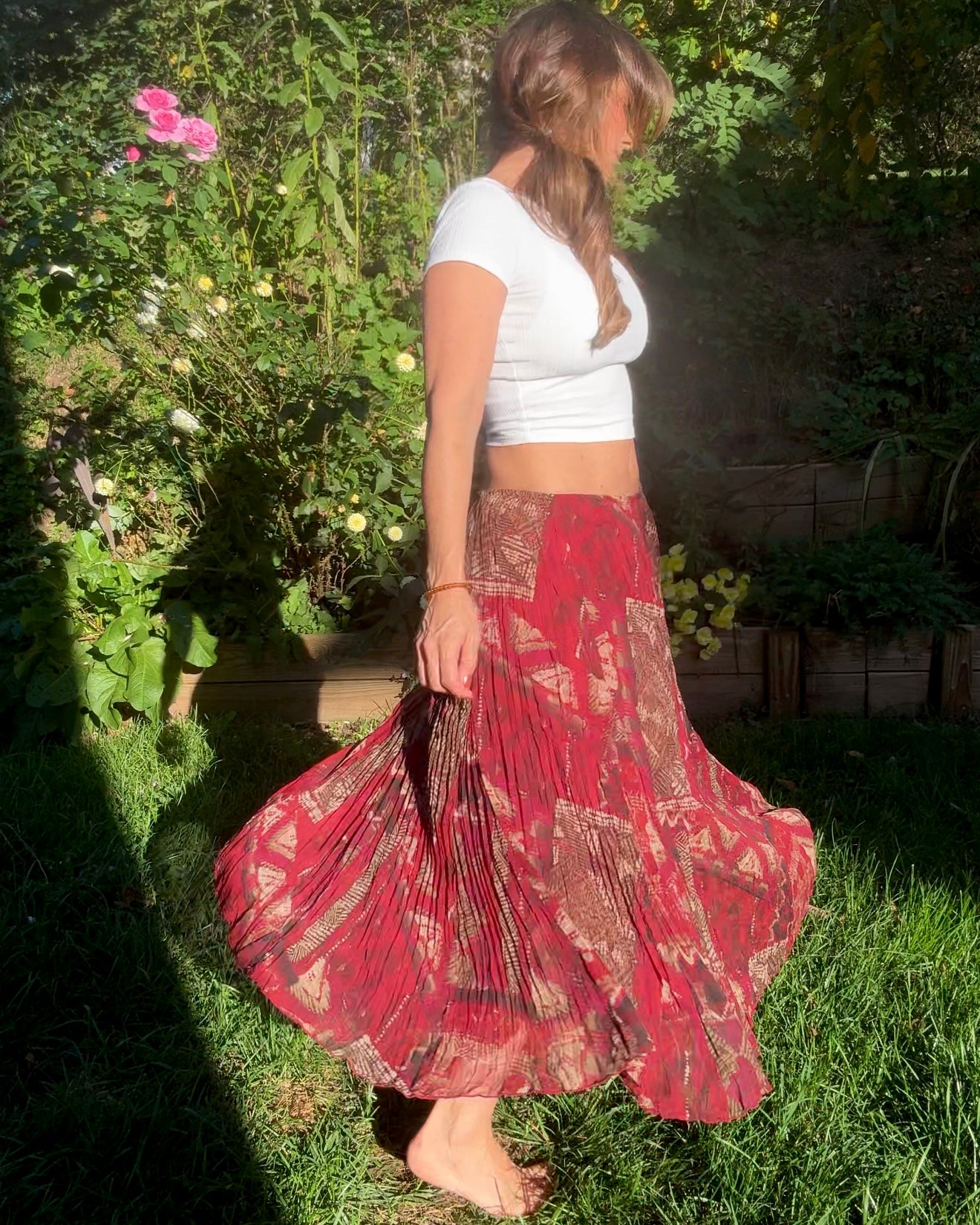 Bohemian Sunset Pleated Maxi Skirt Red
