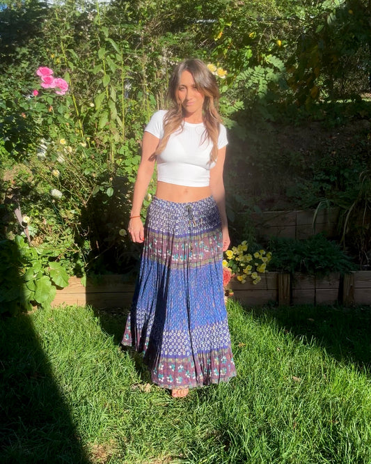 Vintage Blockprint Drawstring Skirt — Adjustable Fit / Spell-Level Cult Piece