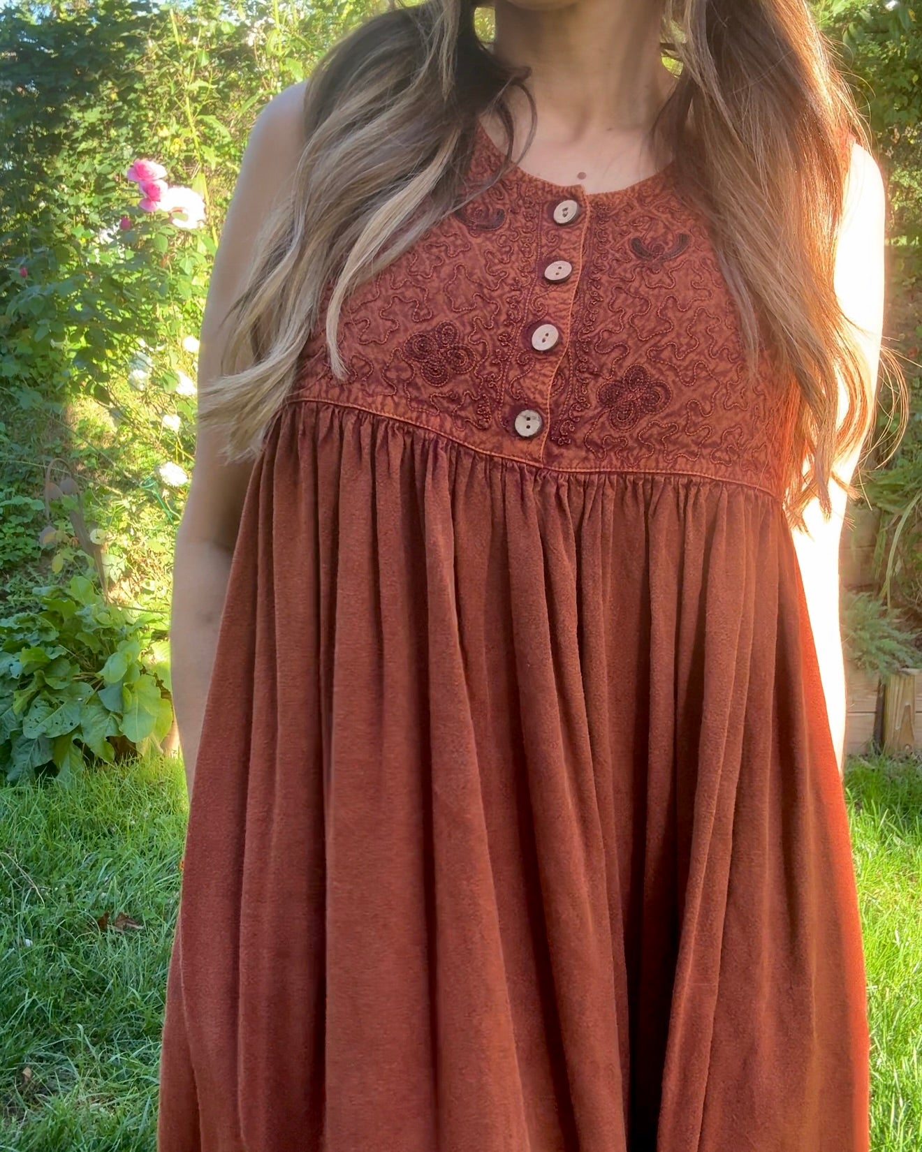 Rust Embroidered Cotton Midi — Vintage India Import / Modern Folk Dress
