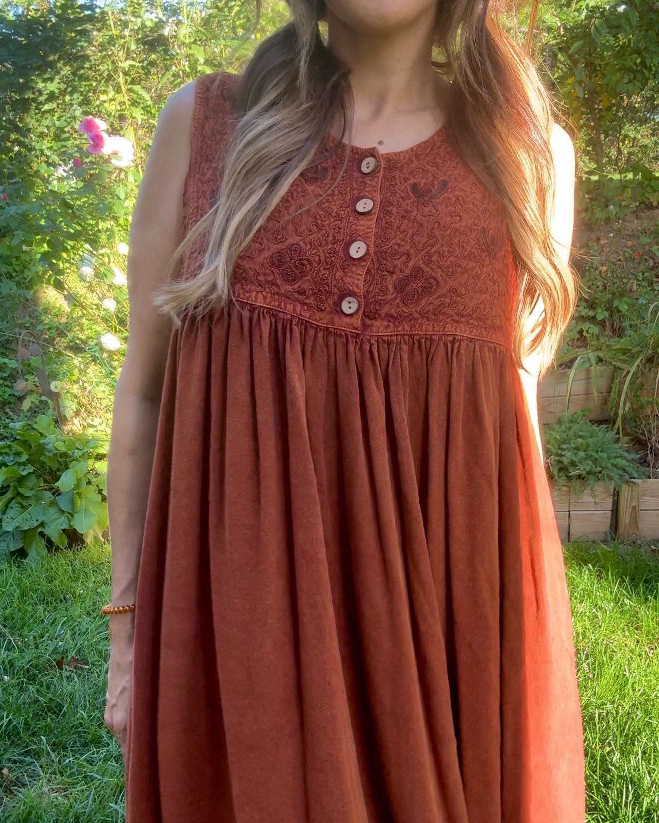 Rust Embroidered Cotton Midi — Vintage India Import / Modern Folk Dress