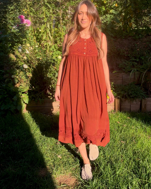 Rust Embroidered Cotton Midi — Vintage India Import / Modern Folk Dress