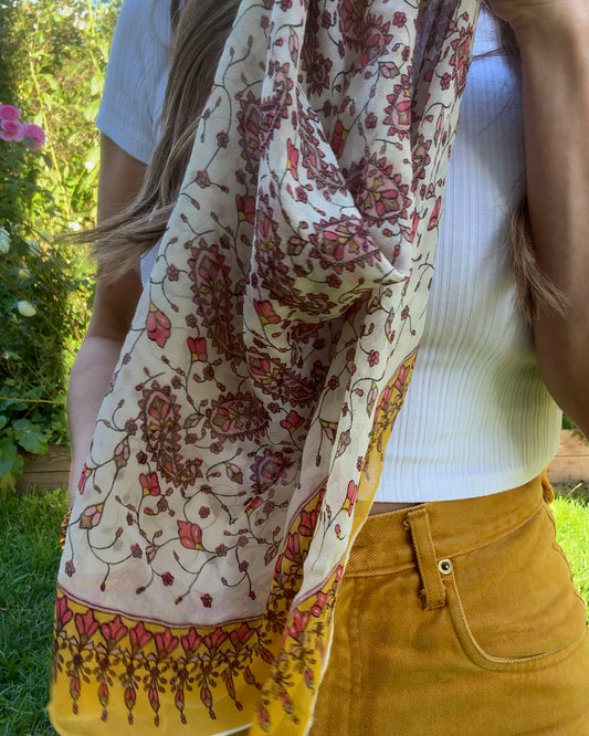 Vintage Floral Border Scarf — Silk Folk Print Neck or Hip Tie